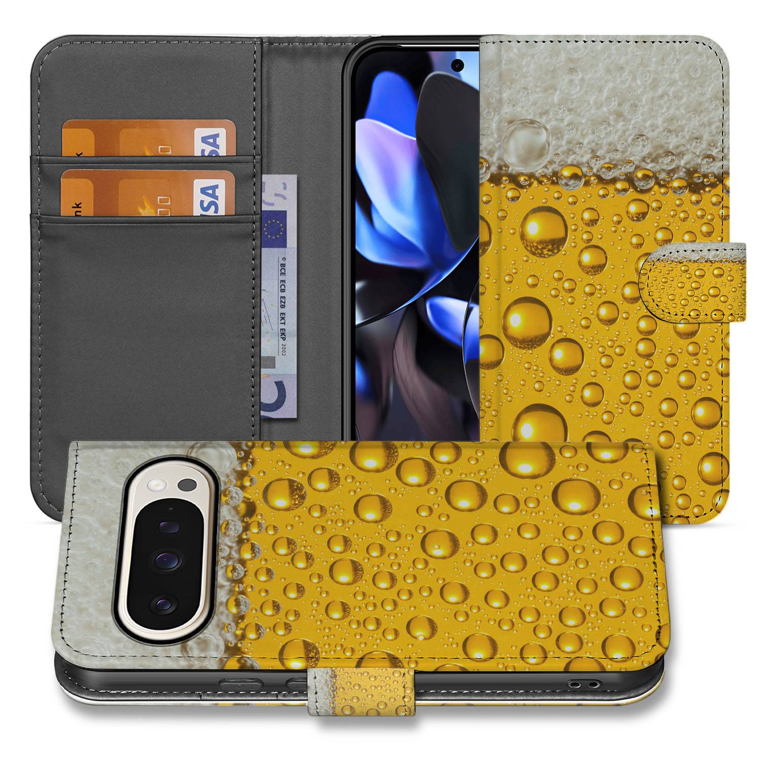 Google Pixel 10 Pro XL Book Case Met Bier Print Geel Schuim Design Voorzijde