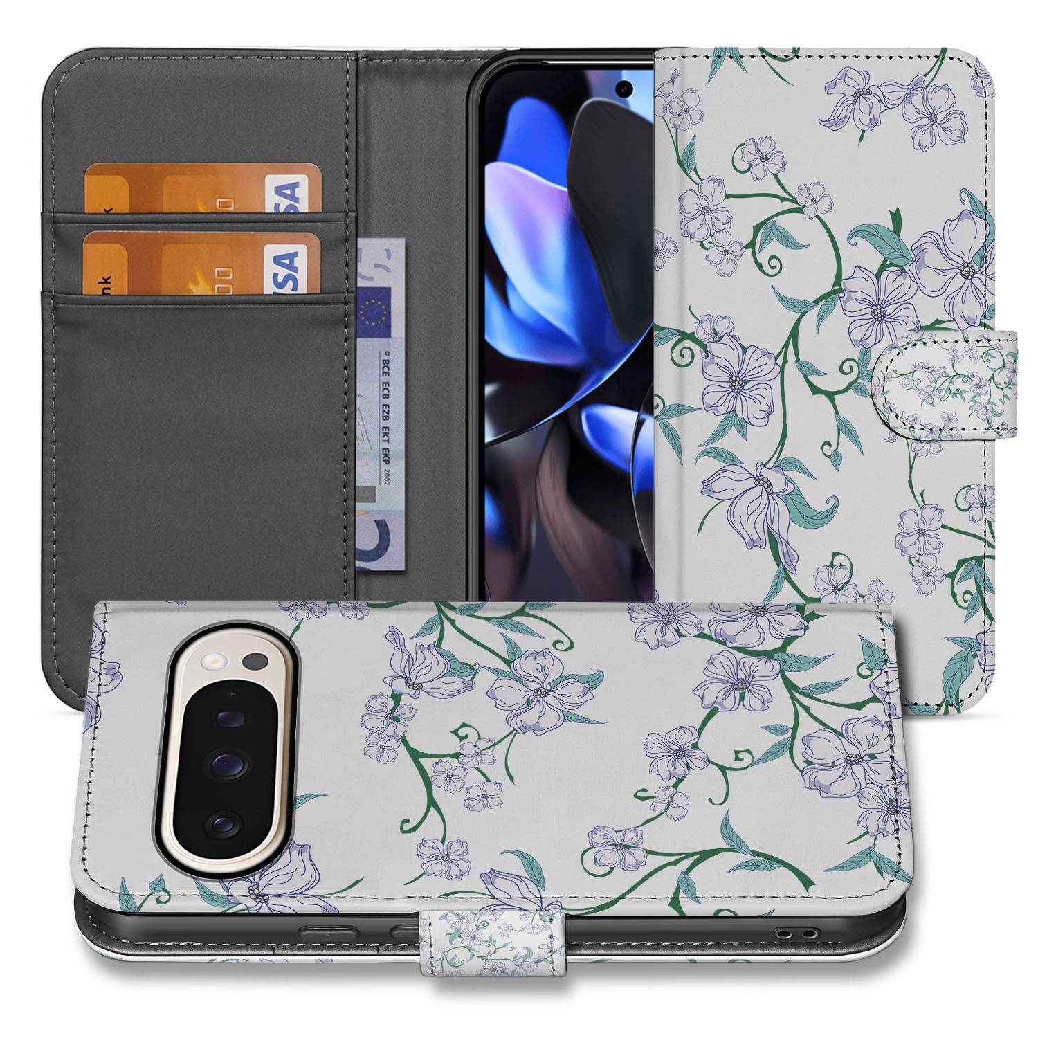 Blossom White Google Pixel 10 Pro XL Book Case Portemonnee Hoesje bloemenmotief elegant aanzicht
