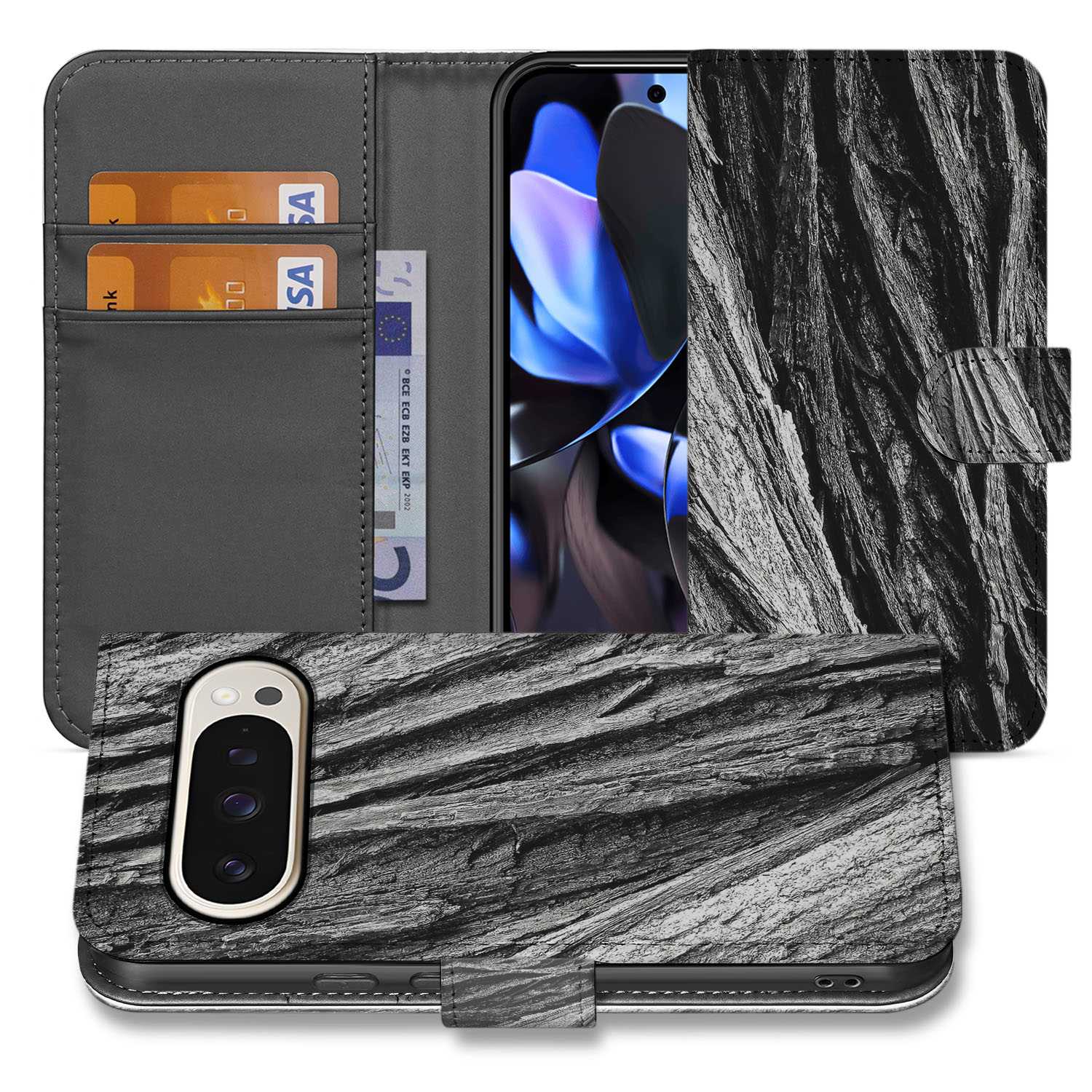 Book Case Google Pixel 10 Pro XL Boomschors Grijs Rustiek voorzijde achterkant
