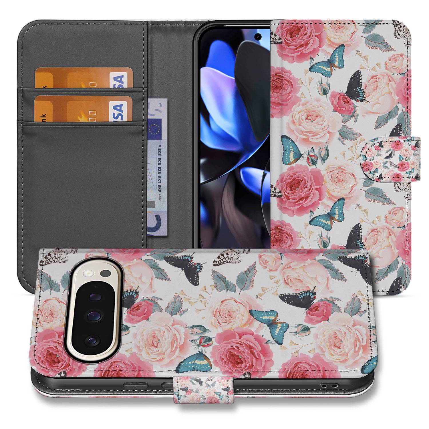 Google Pixel 10 Pro XL Telefoonhoesje Roze Butterfly bookcasehoesje bloemen vlinders aanzicht