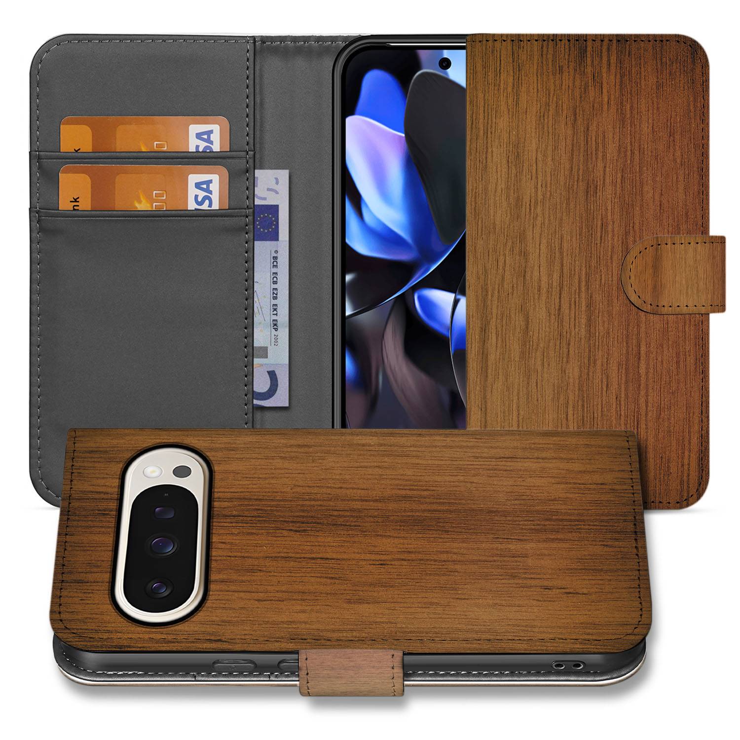 Donker Hout Google Pixel 10 Pro XL Telefoonhoesje Book Case Portemonnee voorkant achterkant