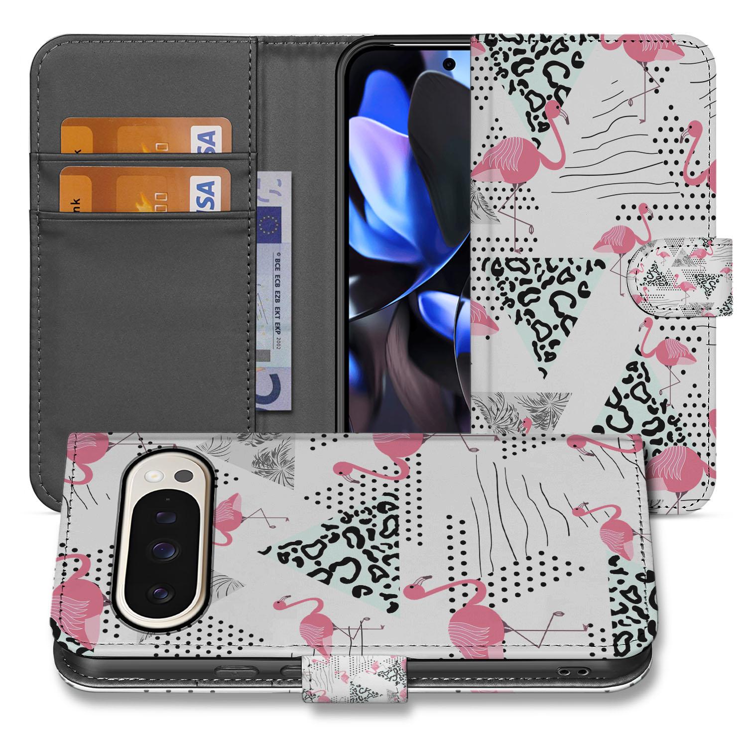 Google Pixel 10 Pro XL Stijlvolle Flamingo Triangle Design Book Case Hoesje aanzicht