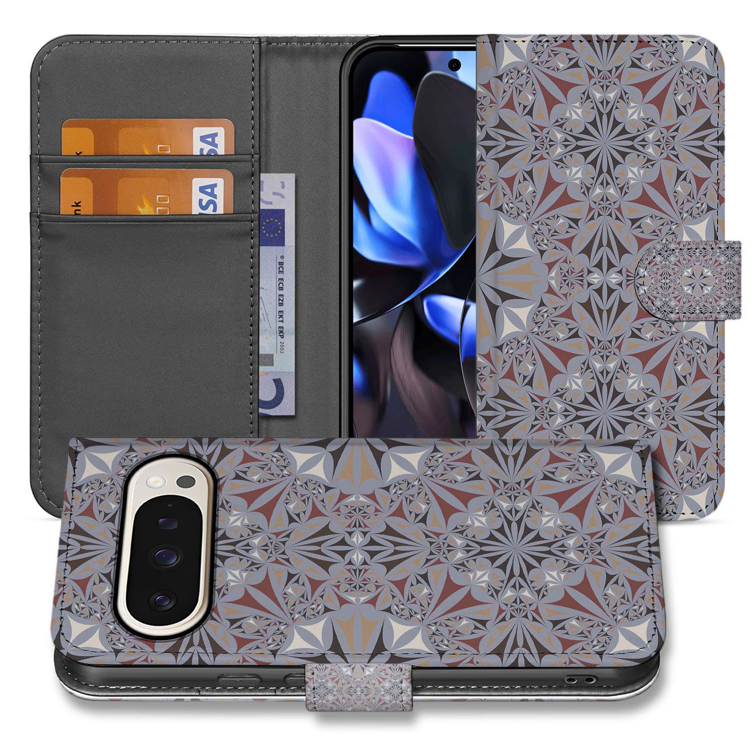 Bookcase Google Pixel 10 Pro XL Bloemenpatroon Cadeau Idee bookcase bloemenpatroon voorzijde achterkant