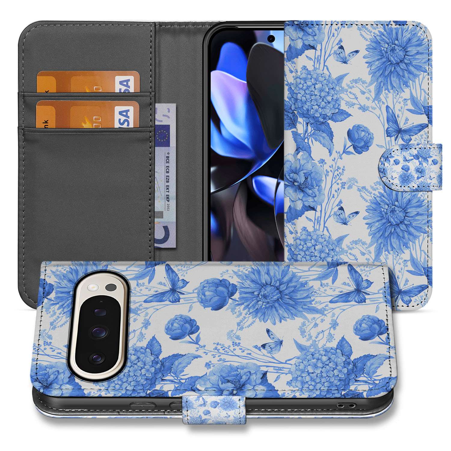 Book Case Google Pixel 10 Pro XL Bloemenpracht Blauw Cadeau portemonnee hoesje bloemenpatroon blauw aanzicht