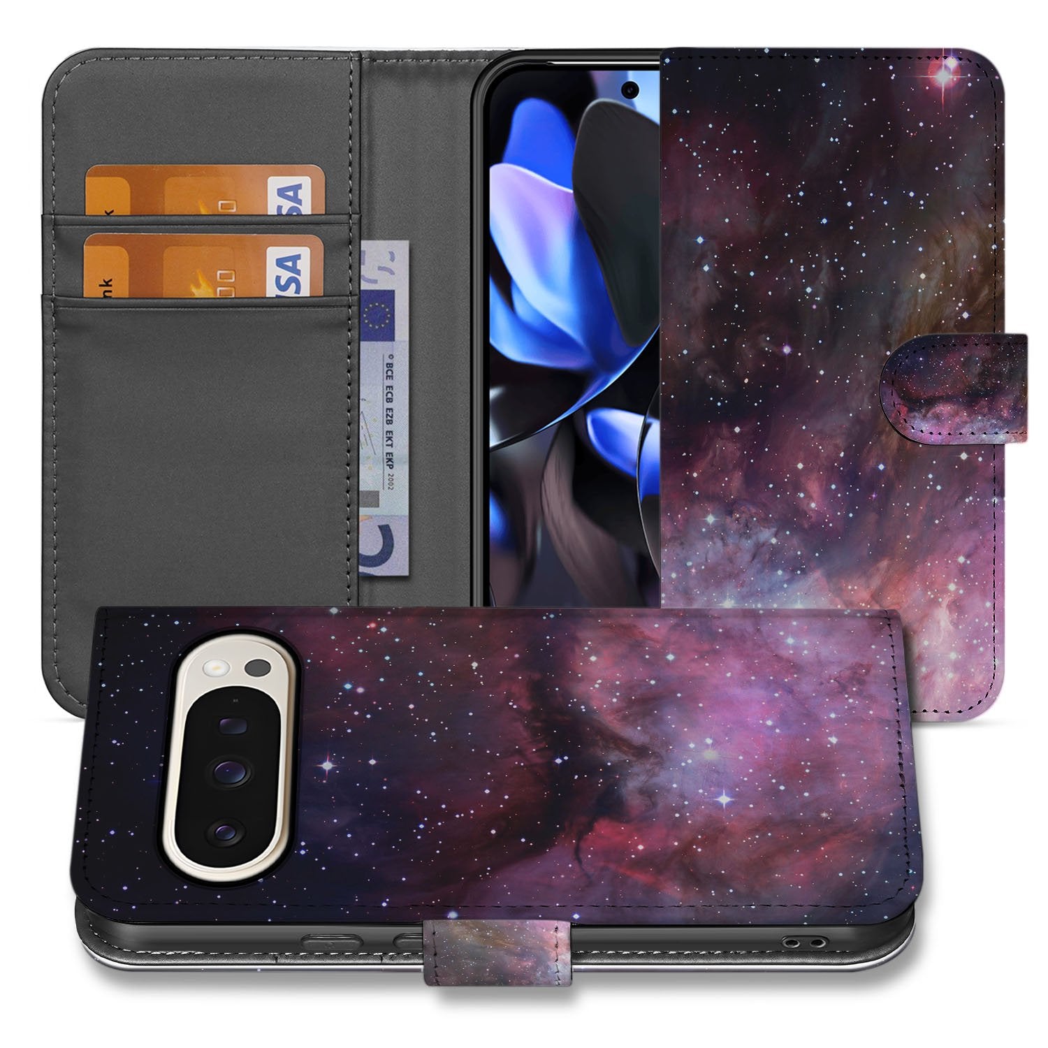 Google Pixel 10 Pro XL Bookcase Hoesje Heelal Design in PU Leer Grijs met Paars Patroon telefoonhoesje aanzicht