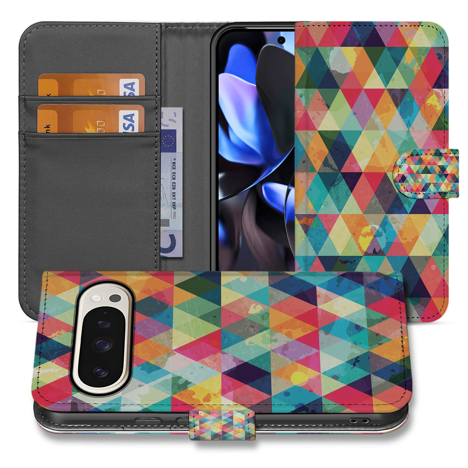 Geruit Google Pixel 10 Pro XL Book Case geometrisch kleurrijk design aanzicht