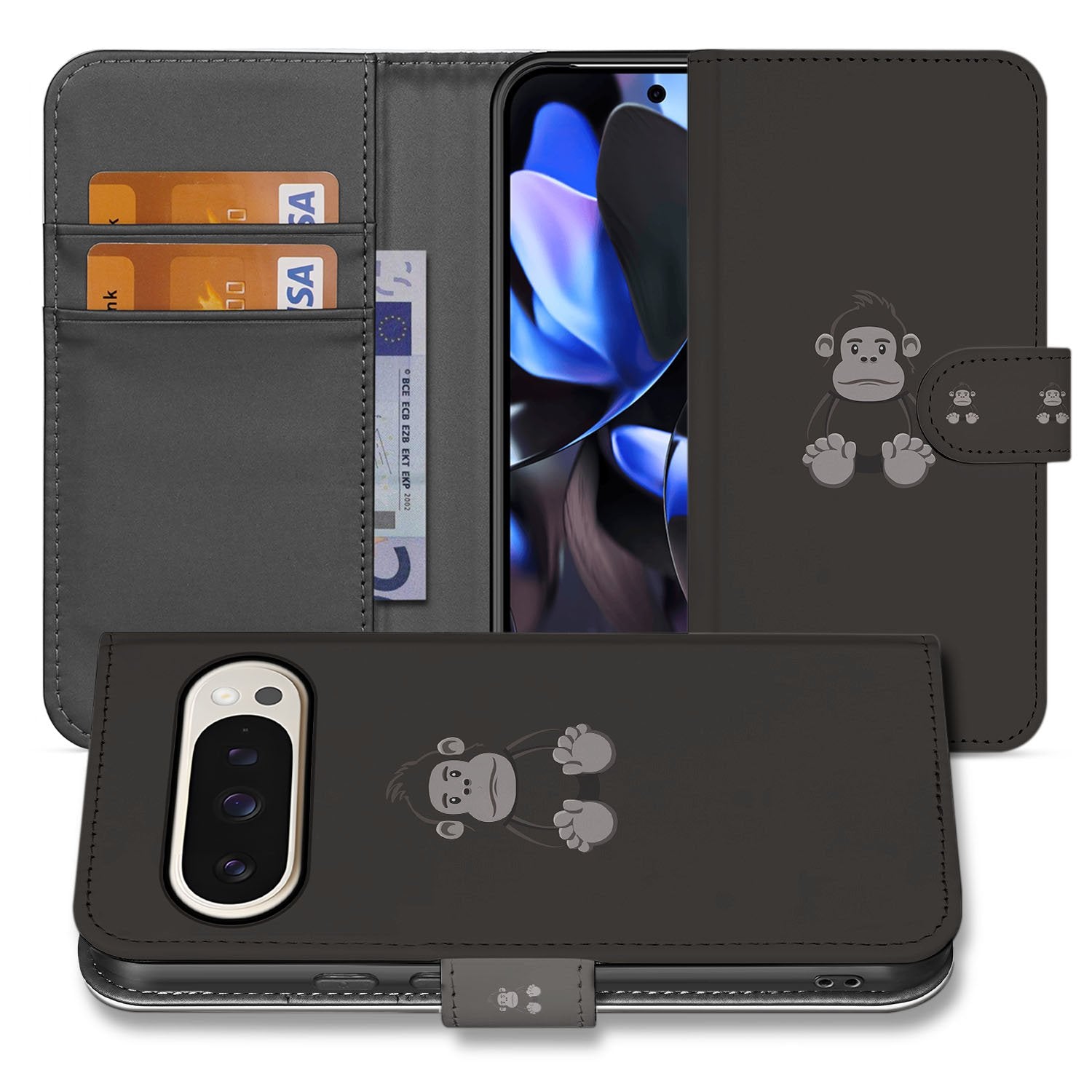 Book Case Google Pixel 10 Pro XL Gorilla Bruin Boekhoesje voorzijde en achterzijde met aap ontwerp