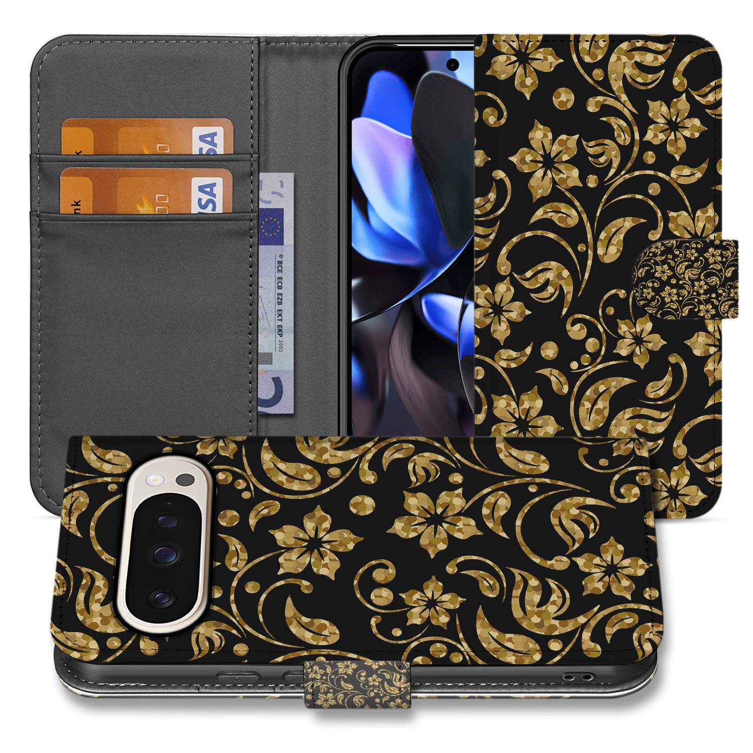 Google Pixel 10 Pro XL Elegant Gouden Bloemen Design Bookcase Hoesje voorkant zijkant