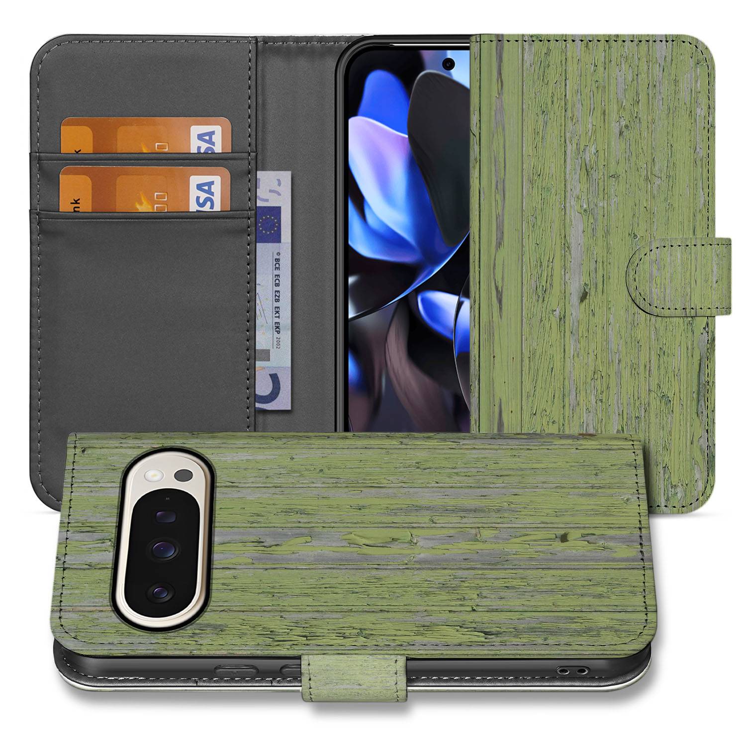 Google Pixel 10 Pro XL Groen Houtnerf Telefoonhoesje Cadeau Book Case voorkant achterkant