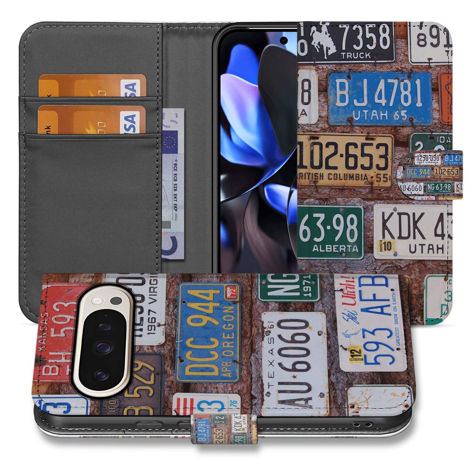Google Pixel 10 Pro XL Stijlvol Bookcase Hoesje Voor Google Pixel 10 Pro XL Met Kentekenplaten Design voorkant zijde