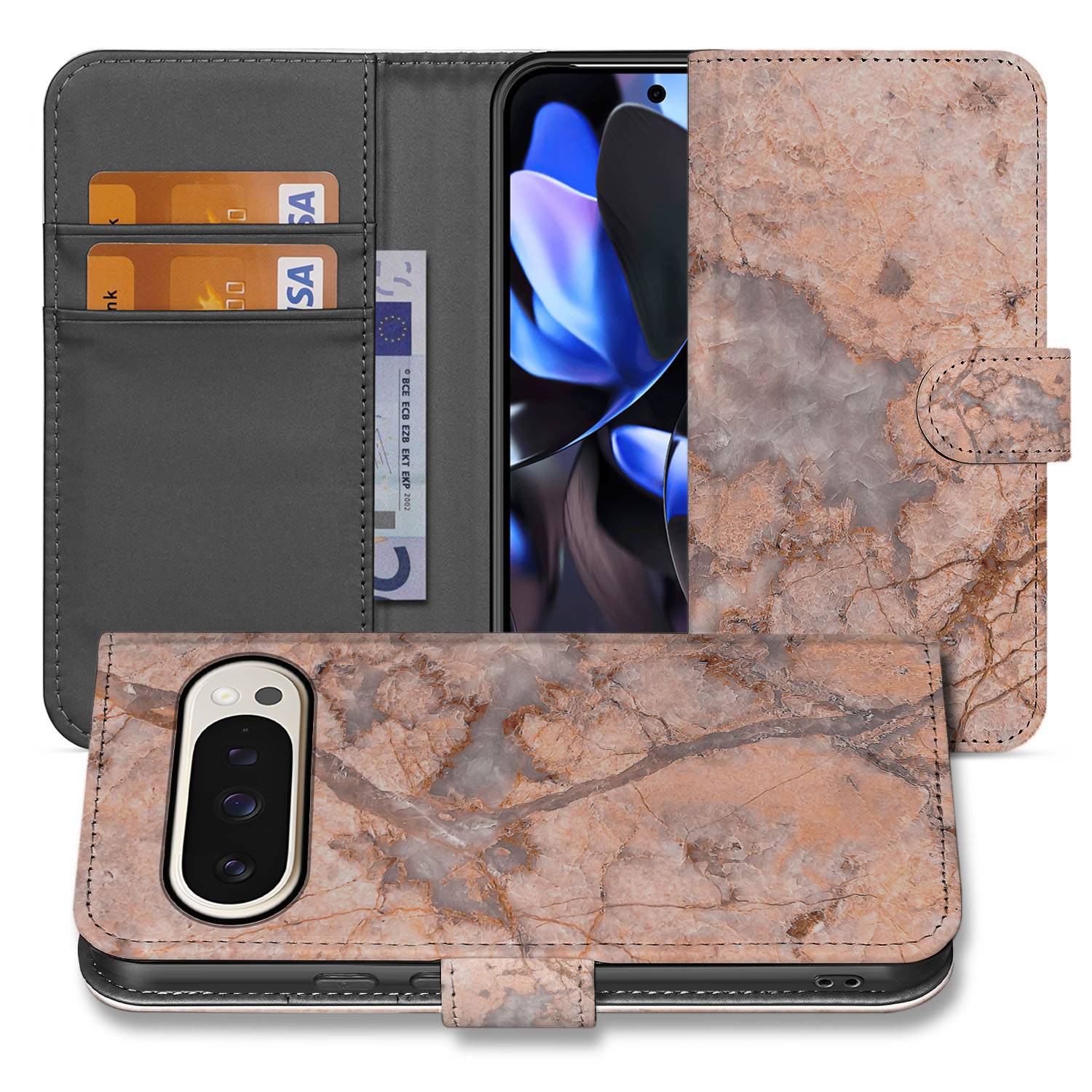 Google Pixel 10 Pro XL Book Case Google Pixel 10 Pro XL Marmer Oranje Boekhoesje Met Pasjes voorkant achterkant