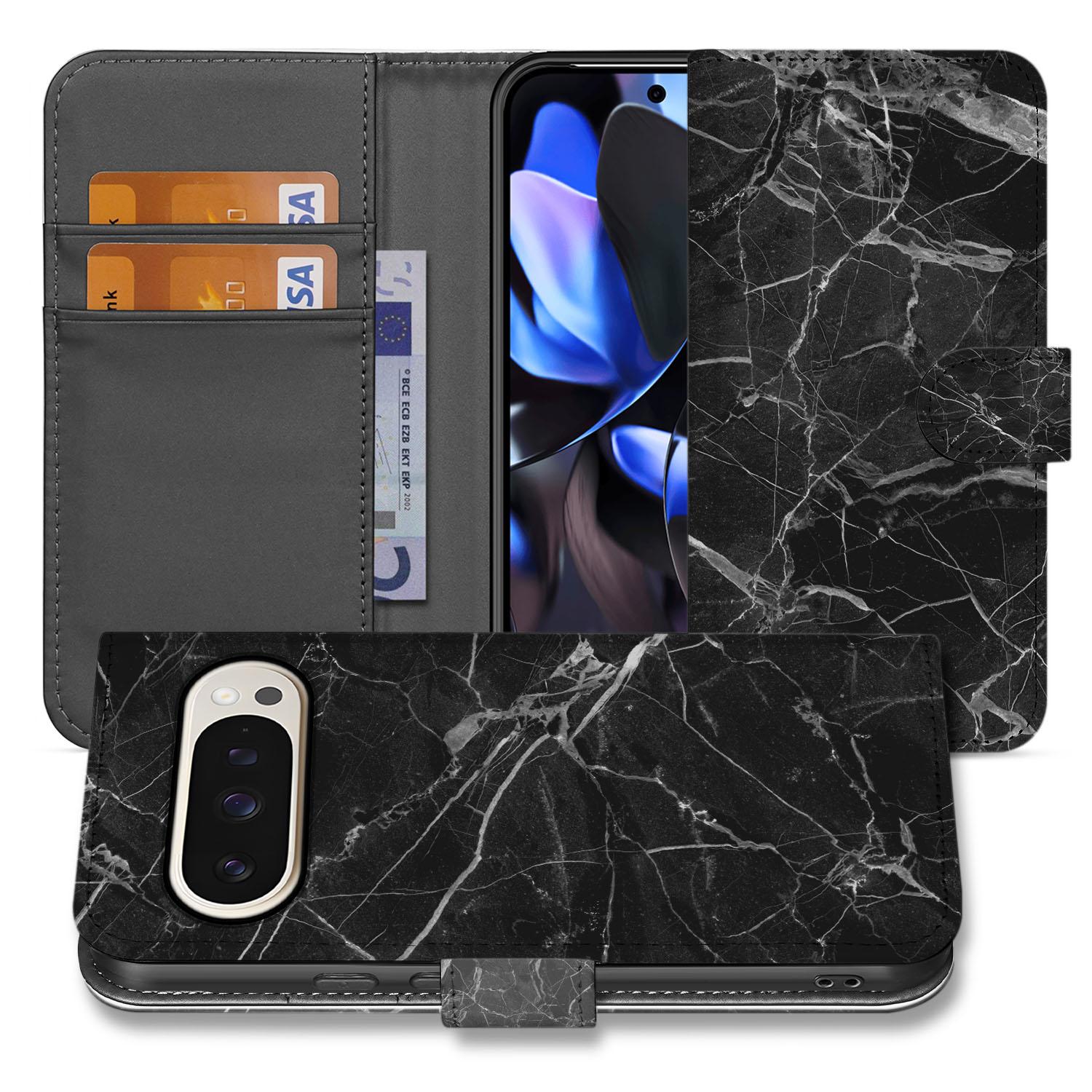Google Pixel 10 Pro XL Book Case Zwart Marmer Met Pasjesvak Cadeau design zwart marmer aanzicht voorzijde