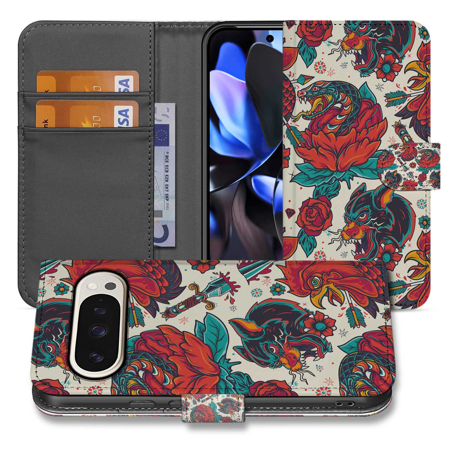Old Skool Google Pixel 10 Pro XL Book Case tattoo print voorzijde