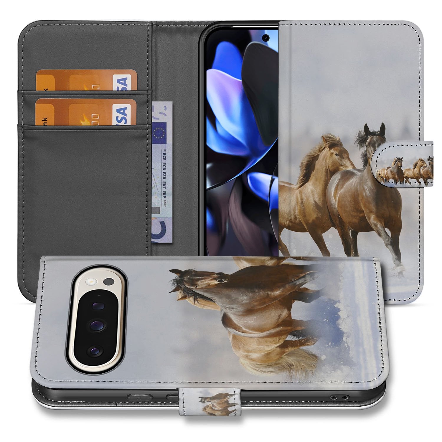 Google Pixel 10 Pro XL Paarden Motief Book Case voorzijde binnenzijde