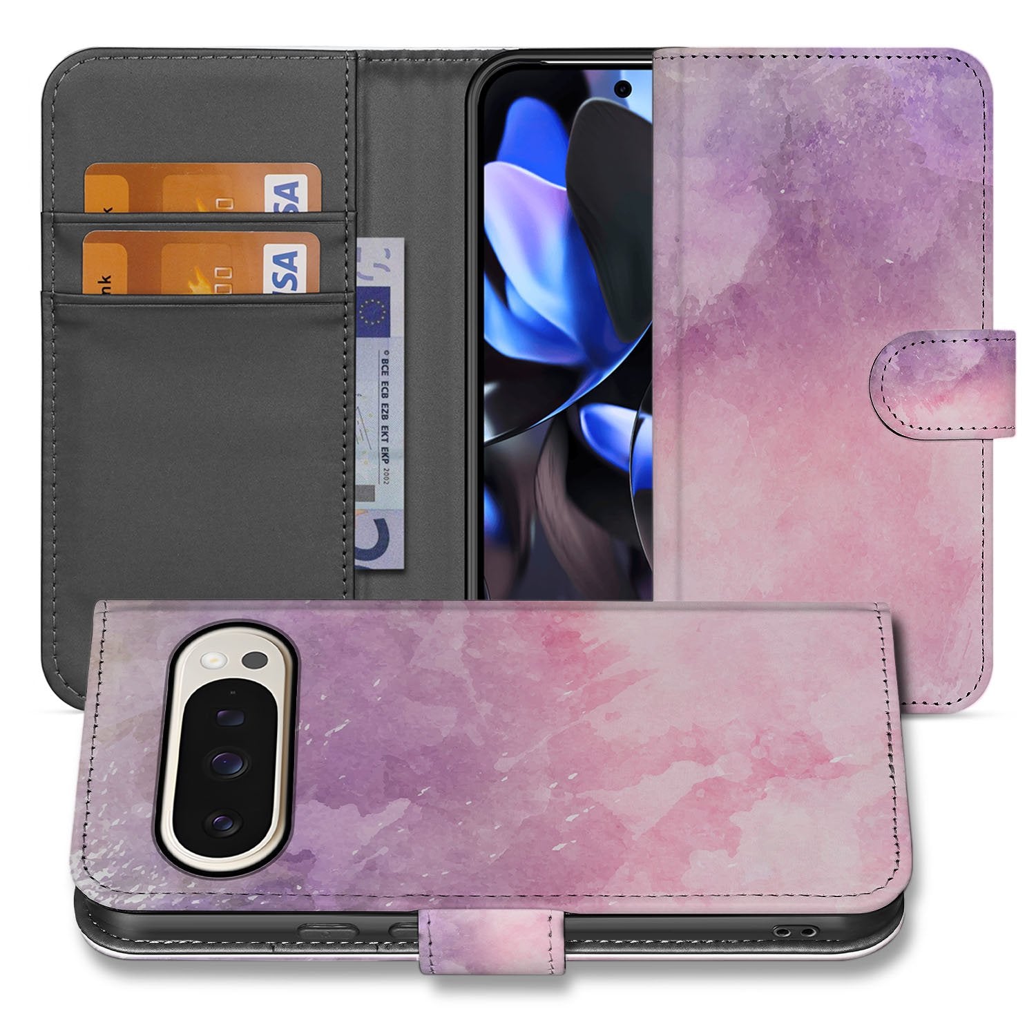 Roze Paars Paint Google Pixel 10 Pro XL Telefoonhoesje Book Case waterverf print binnenkant TPU
