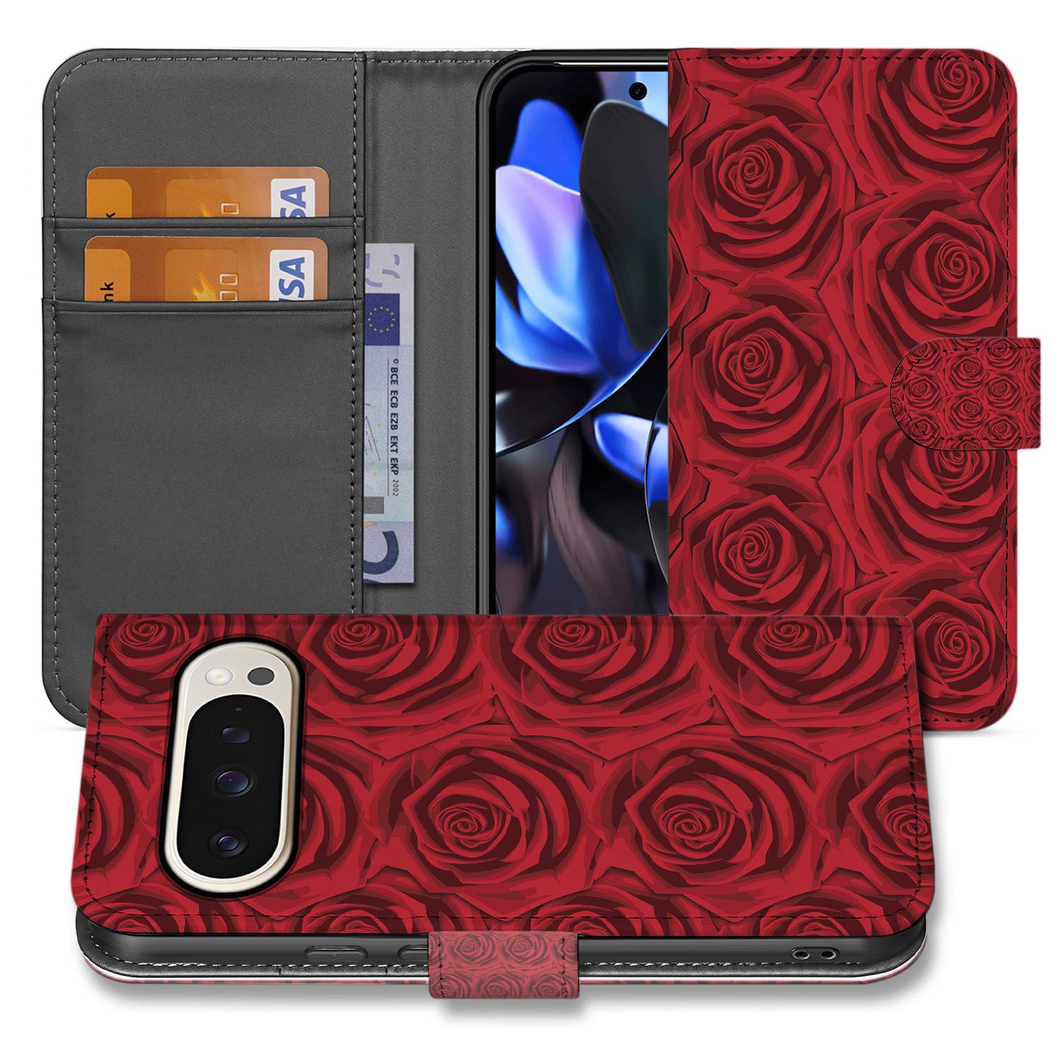 Book Case Google Pixel 10 Pro XL Red Roses voorkant achterkant design