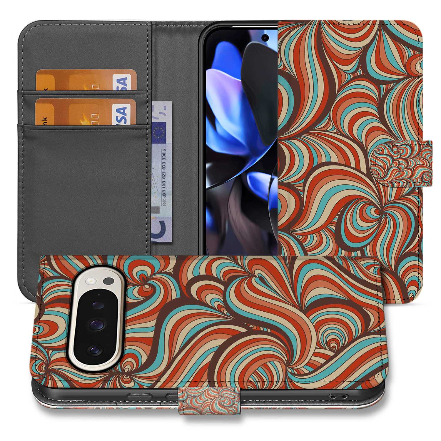 Retro Google Pixel 10 Pro XL Book Case & Portemonnee Hoesje retro patroon cognac turquoise bruin