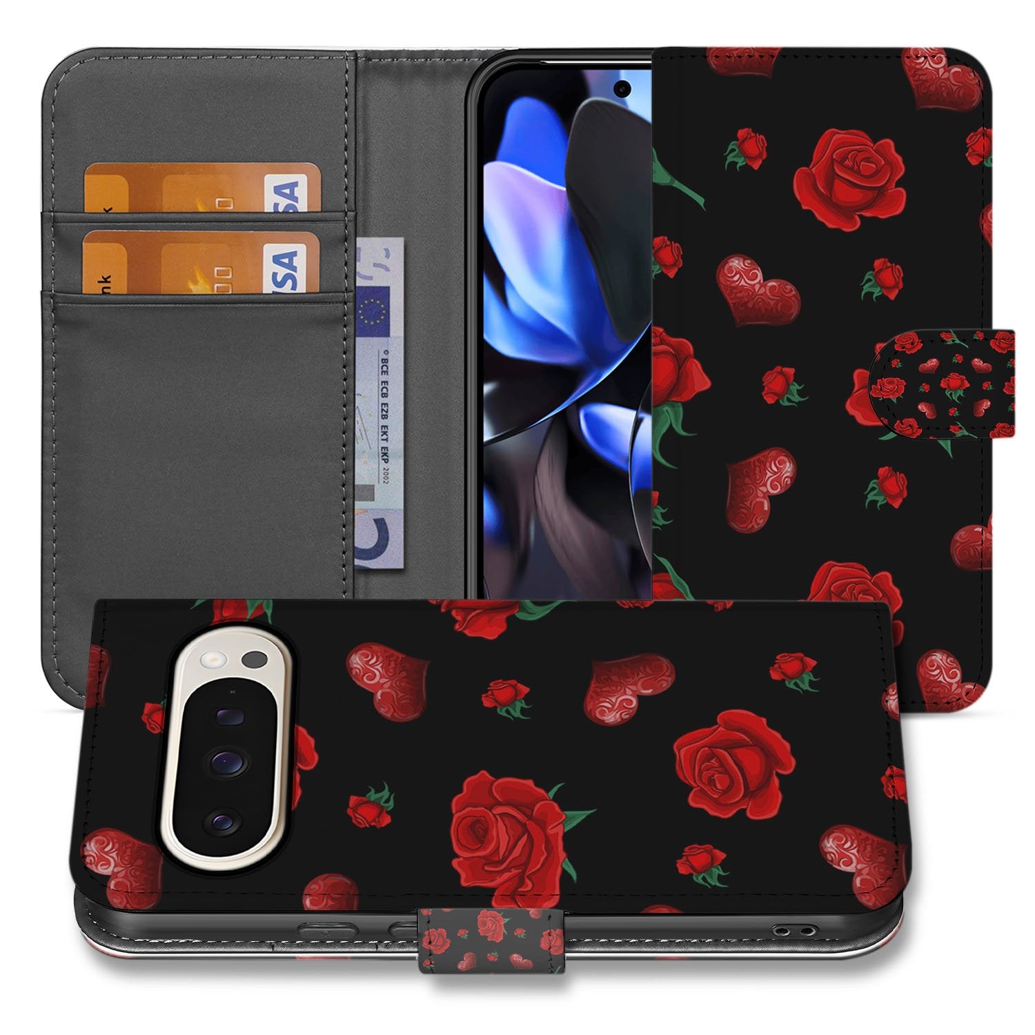 Valentine Google Pixel 10 Pro XL Telefoonhoesje Book Case Rozen Zwart aanzicht