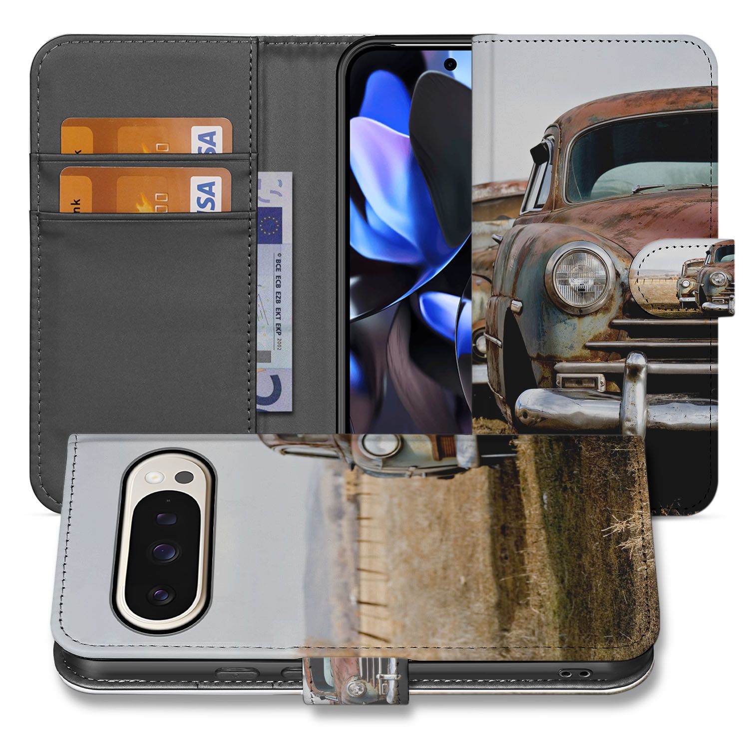Vintage Auto Google Pixel 10 Pro XL Telefoonhoesje portemonnee hoesje vintage auto vooraanzicht