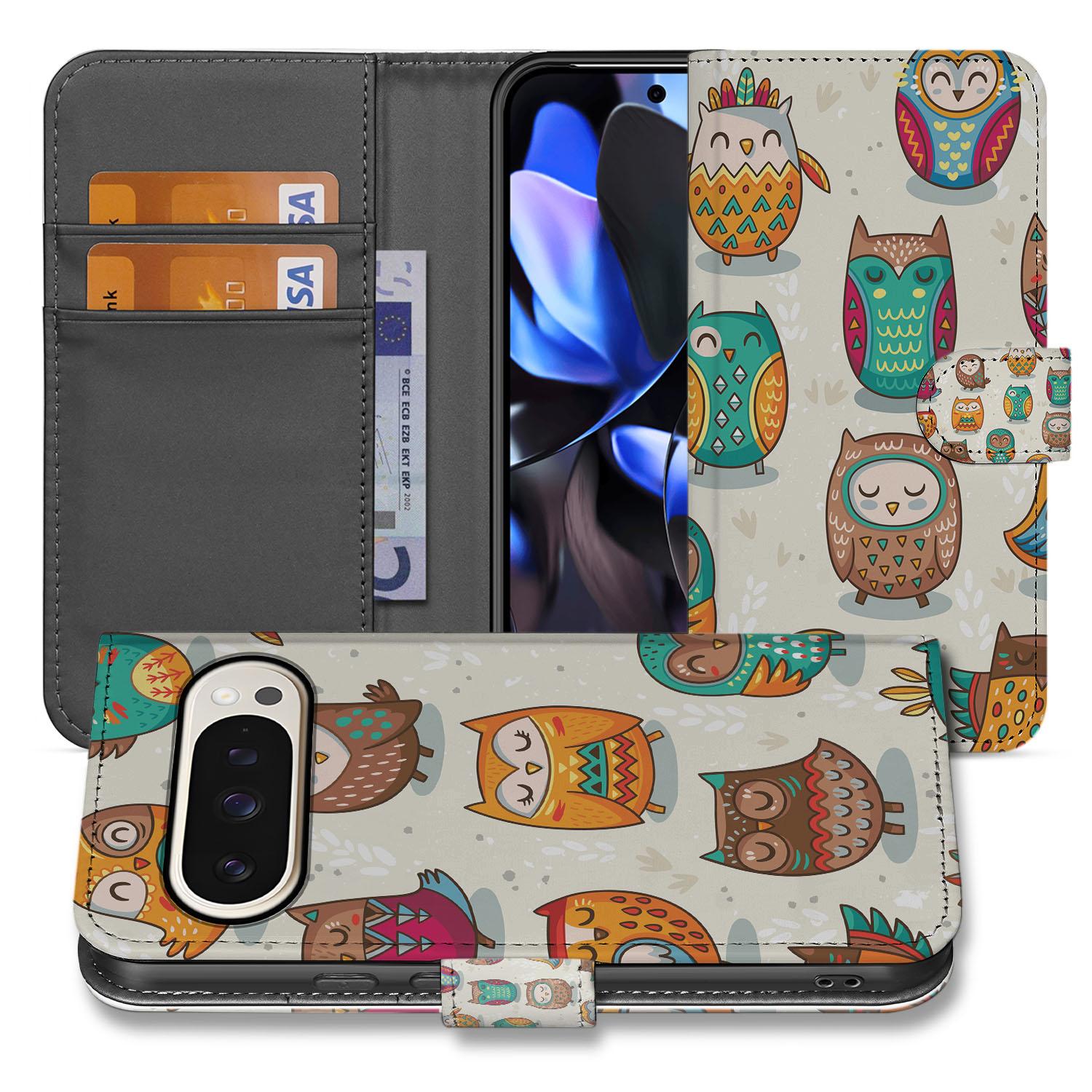 Book Case Google Pixel 10 Pro XL Cadeau Vrolijke Uilen Pasjeshoesje aanzicht voorkant