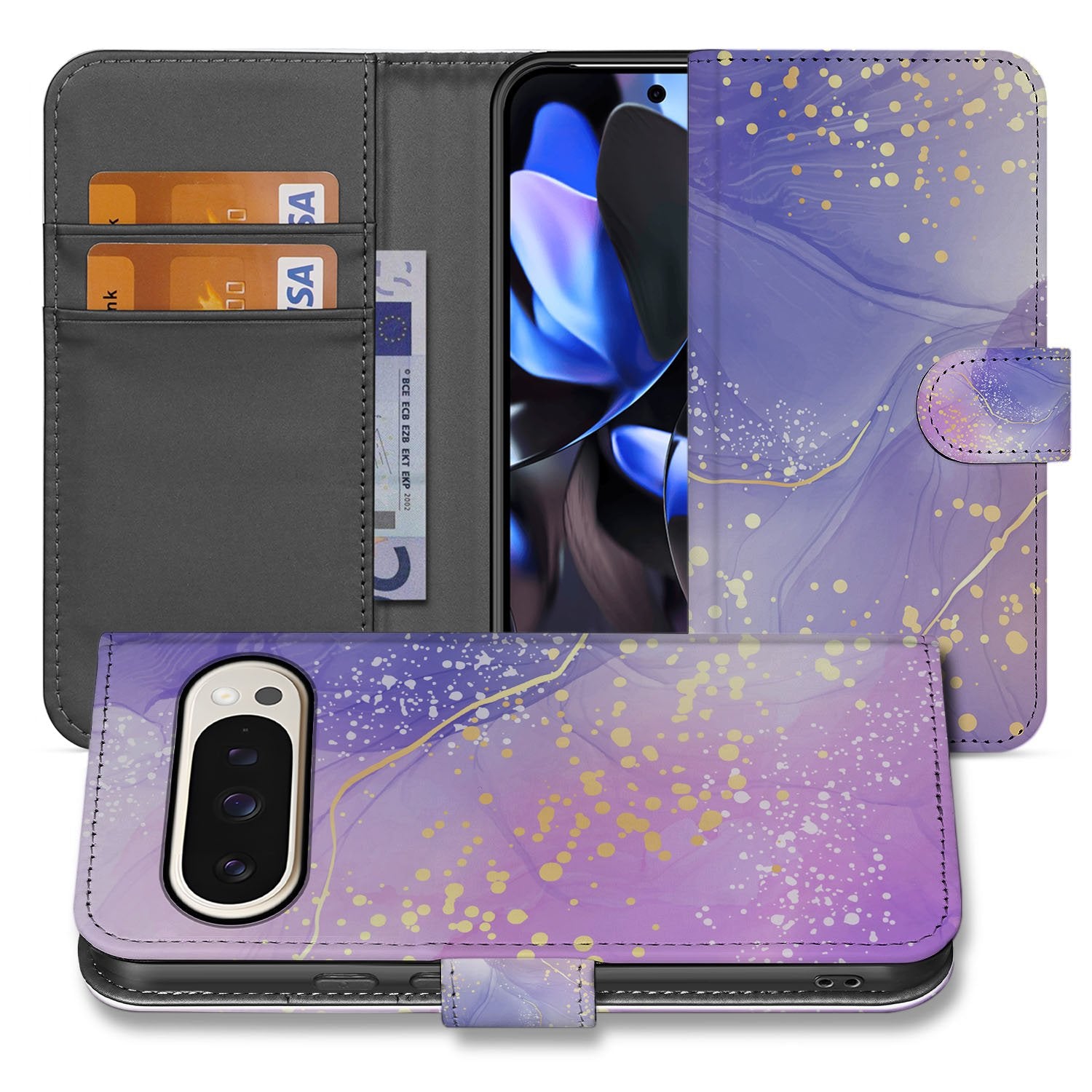 Book Case Google Pixel 10 Pro XL Watercolor Paars portemonnee hoesje ontwerp frontaanzicht