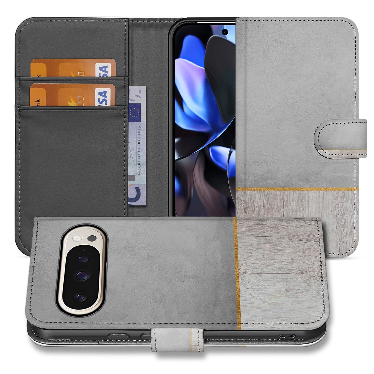 Wood Concrete Google Pixel 10 Pro XL Portemonnee Hoesje boek case beton hout design aanzicht