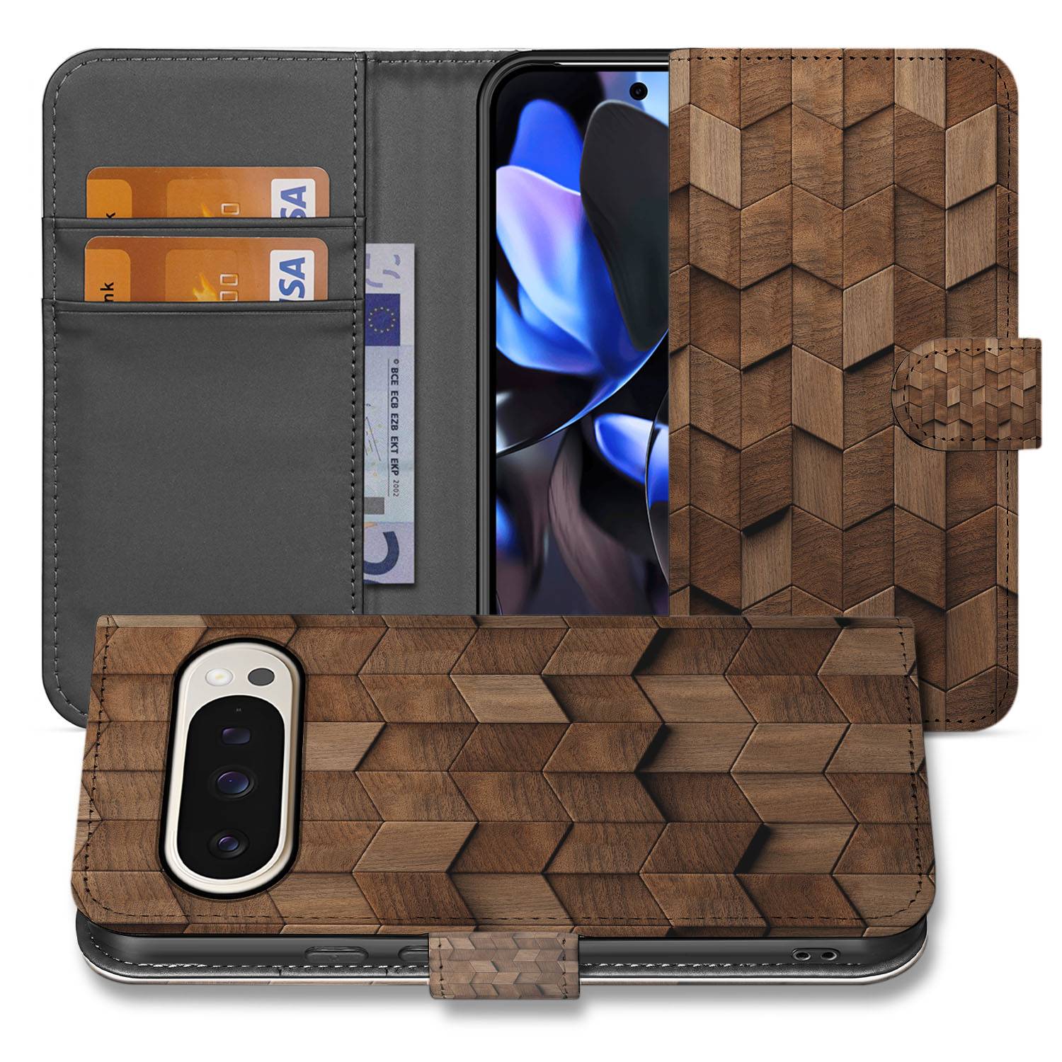 Google Pixel 10 Pro XL Bookcase Hoesje Bruin Houtprint Kubusprint aanzicht