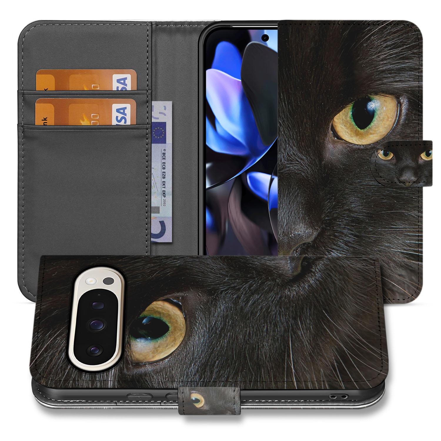 Zwarte Kat Google Pixel 10 Pro XL Book Case portemonnee hoesje zwart kat vooraanzicht