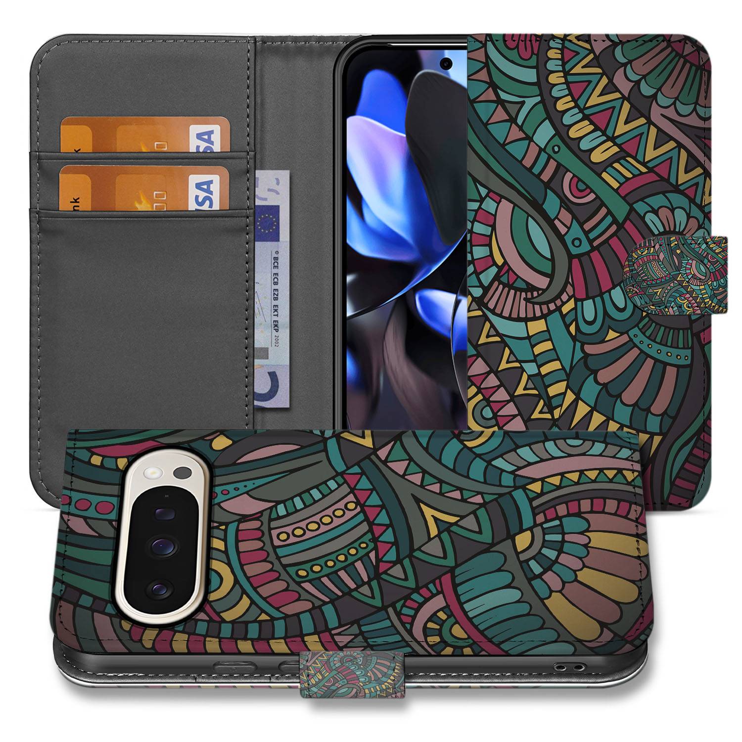 Google Pixel 10 en 10 Pro Bookcase Hoesje Aztec Design voorkant en binnenkant met pasjeshouder