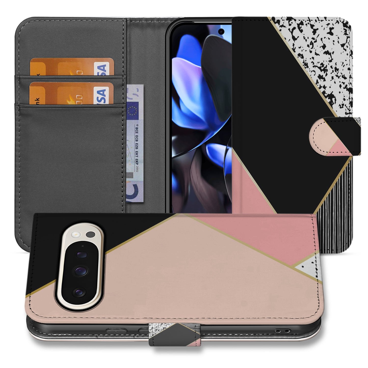 Abstracte Zwart Roze Met Pasjes Google Pixel 10 | 10 Pro | Book Case hoesje openstaand binnenkant