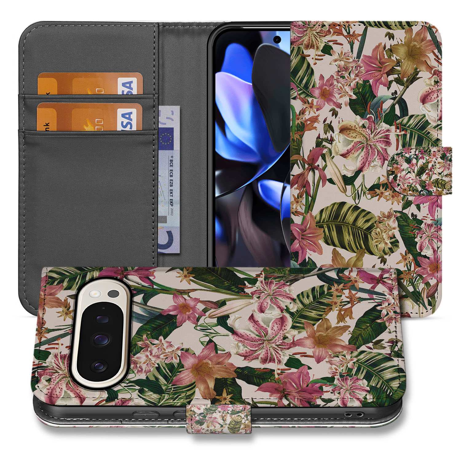 Telefoonhoesje Google Pixel 10 Pro Paars Wit Bloemen bloemenpracht boekcase voorkant