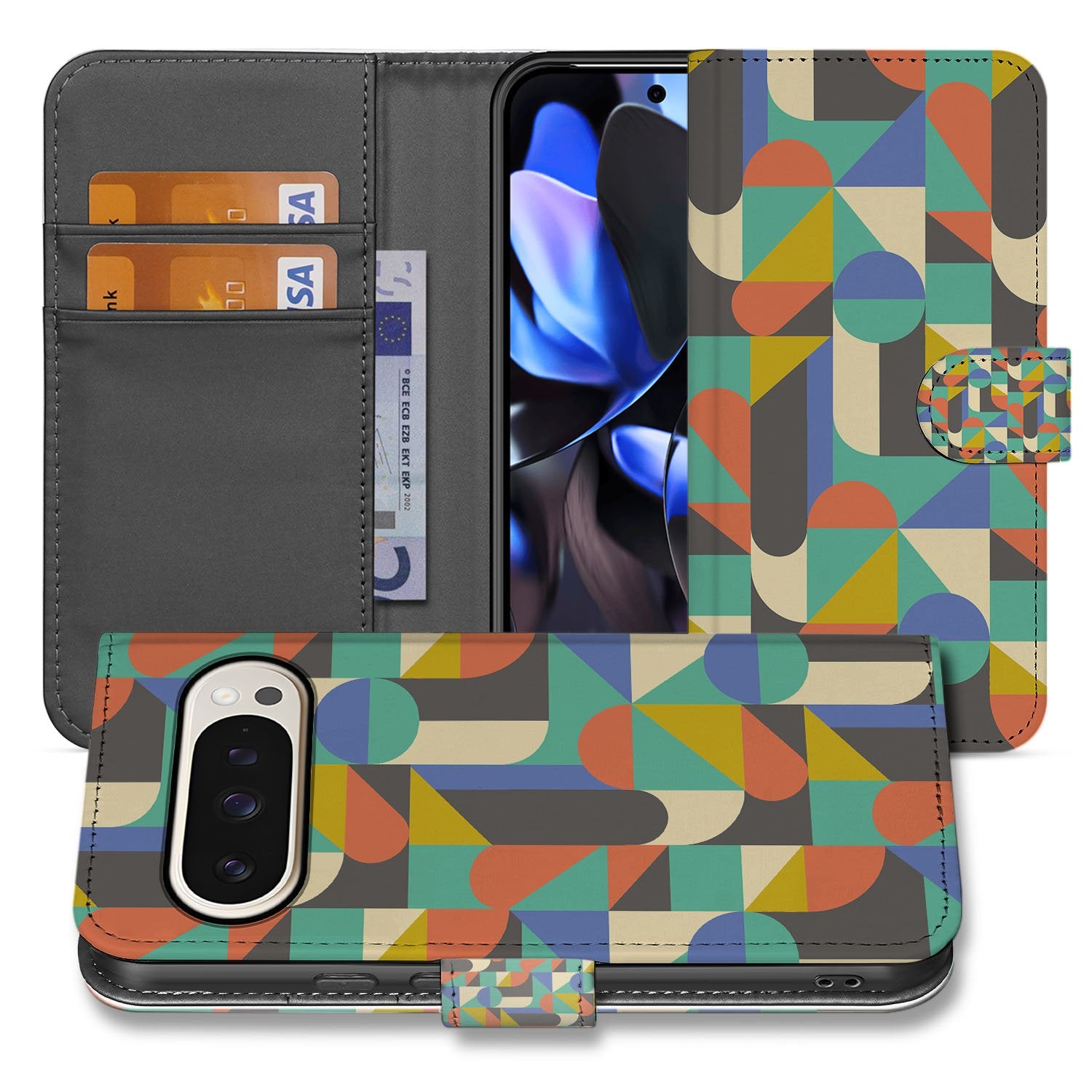 Google Pixel 10 Pro Telefoonhoesje Funky Retro boek hoes geometrisch design aanzicht