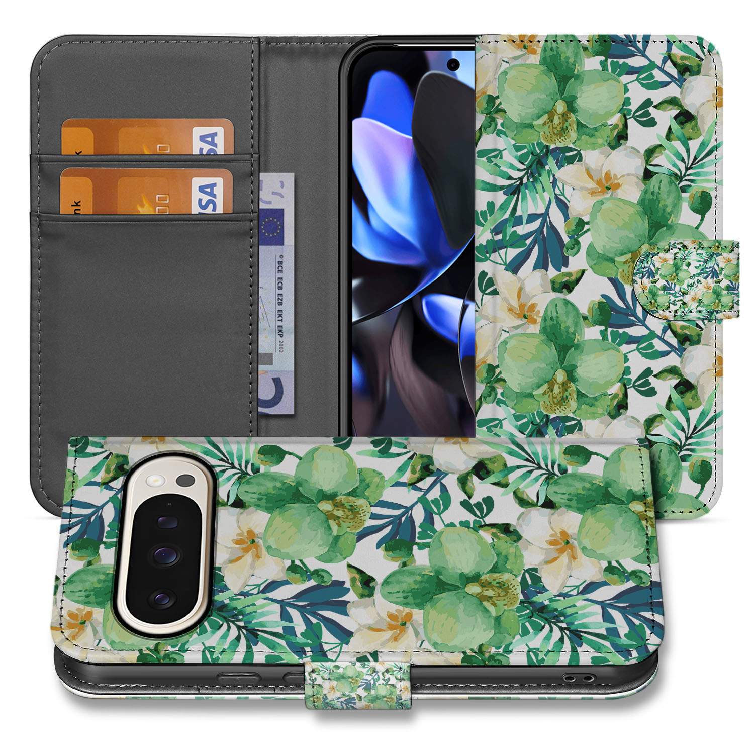Google Pixel 10 Pro Orchidee Groen Portemonnee Hoesje designnaam geopend aanzicht