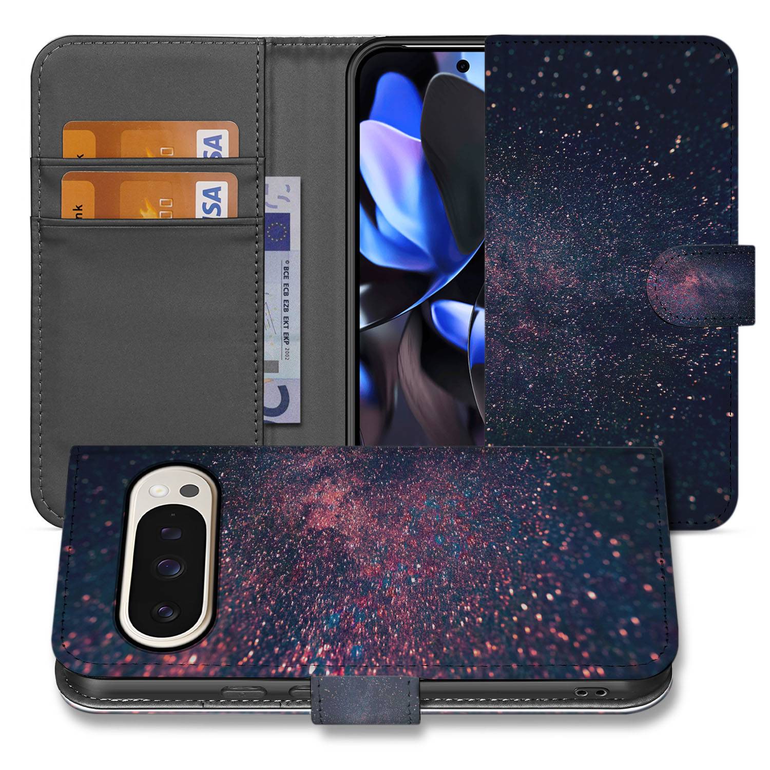 Stars Google Pixel 10 Pro Portemonnee Hoesje sterrenregen paars zwart glitter voorkant