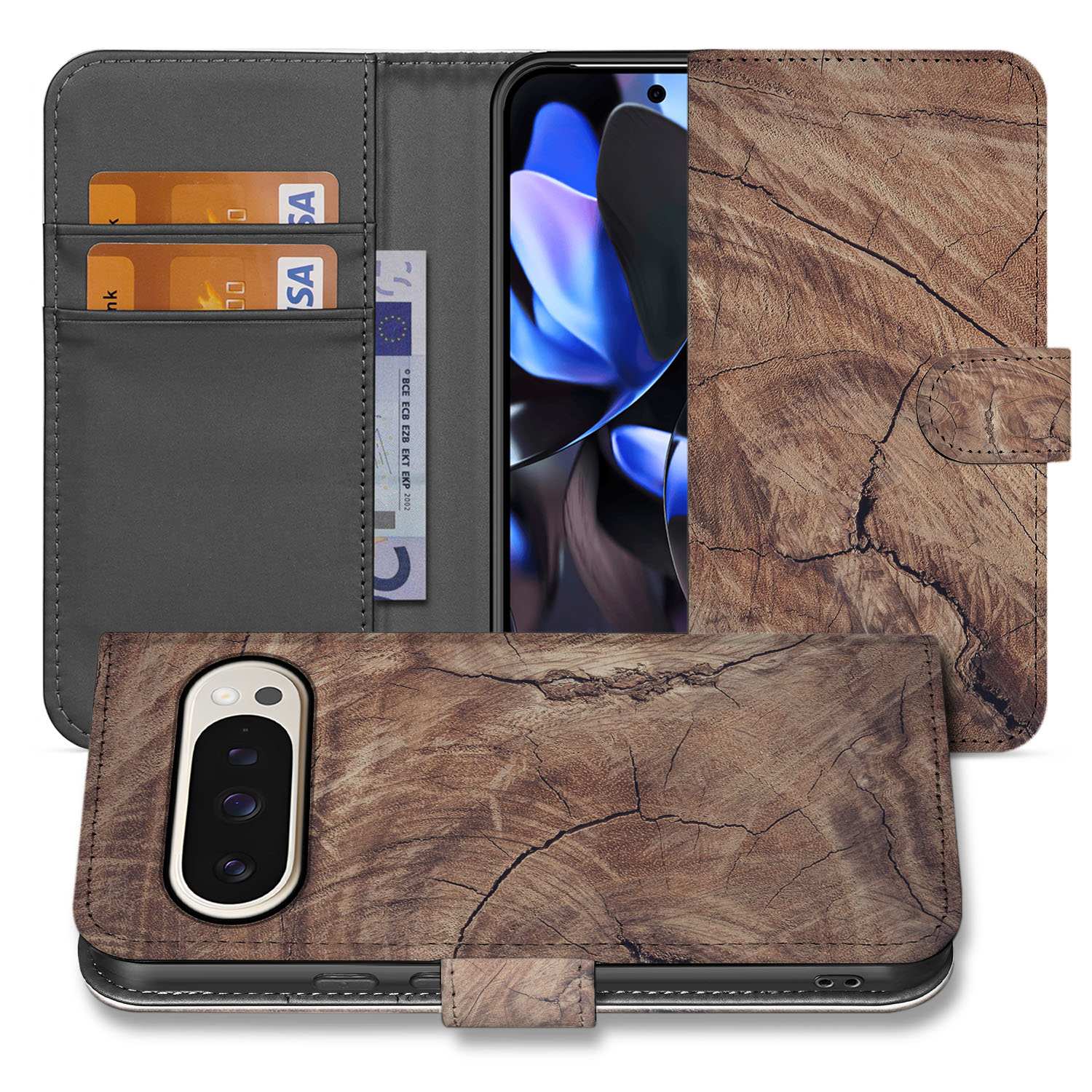 Portemonnee Hoesje Pixel 10 Pro Boomstam Bruin Pasjeshouder voorkant achterkant
