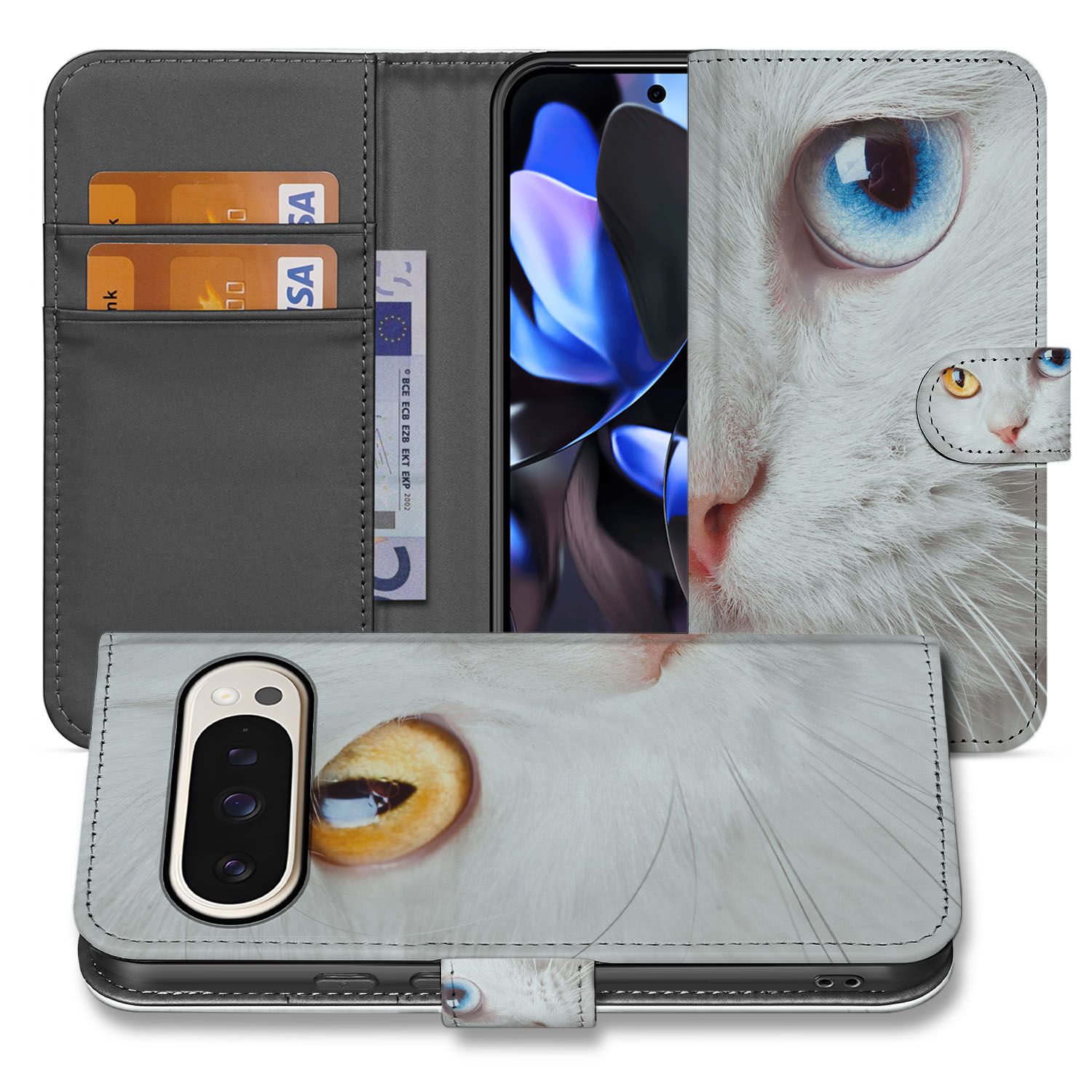 Portemonnee Hoesje Google Pixel 10 | 10 Pro Witte Kat Dierenprint kattenillustratie binnenzijde