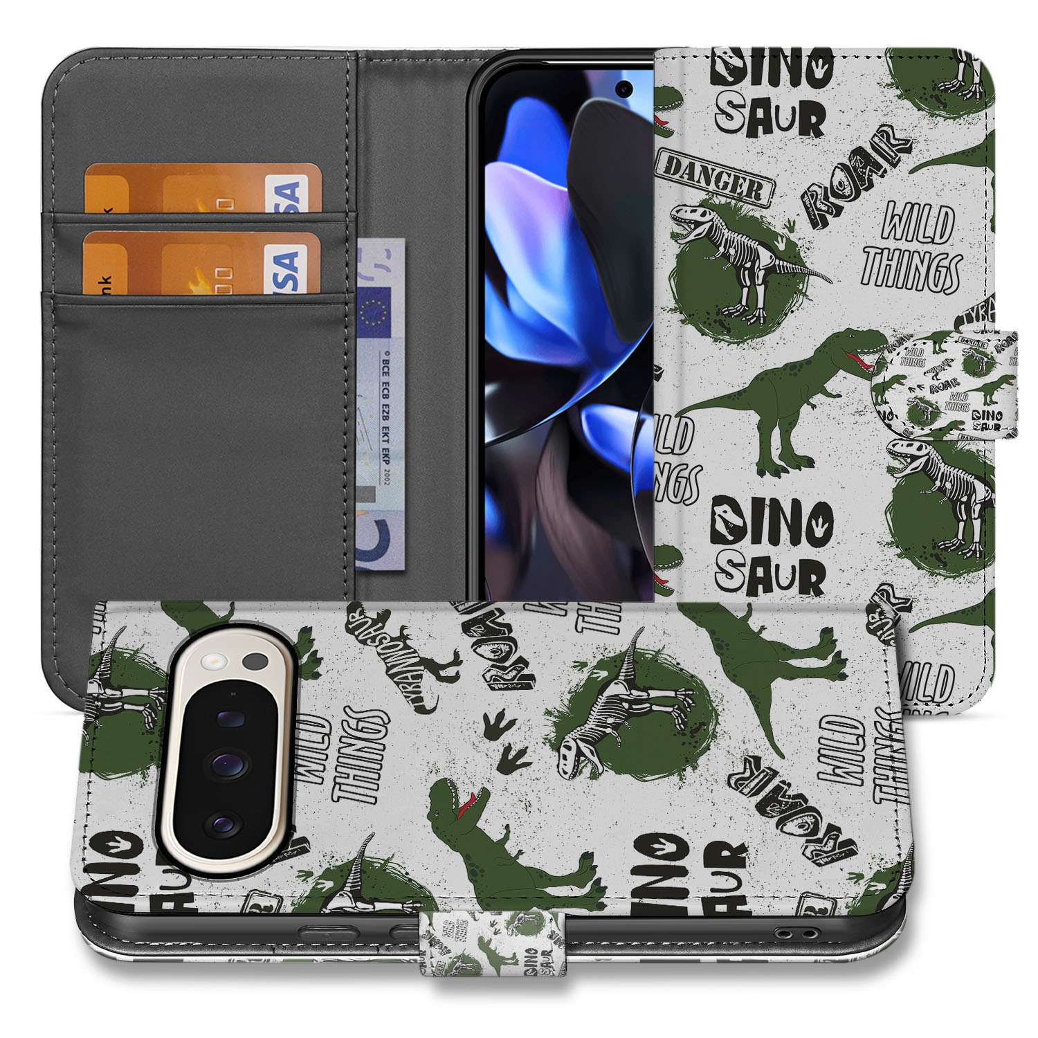 Telefoonhoesje met Pasjes voor Google Pixel 9 | 9 Pro Dinosaurus dino design vooraanzicht