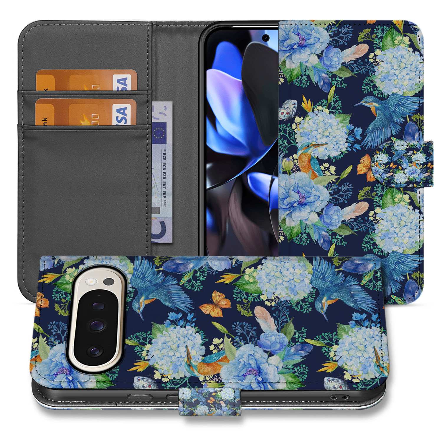 Telefoonhoesje met Pasjes voor Google Pixel 9 | 9 Pro IJsvogel bloemen design voorkant achterkant