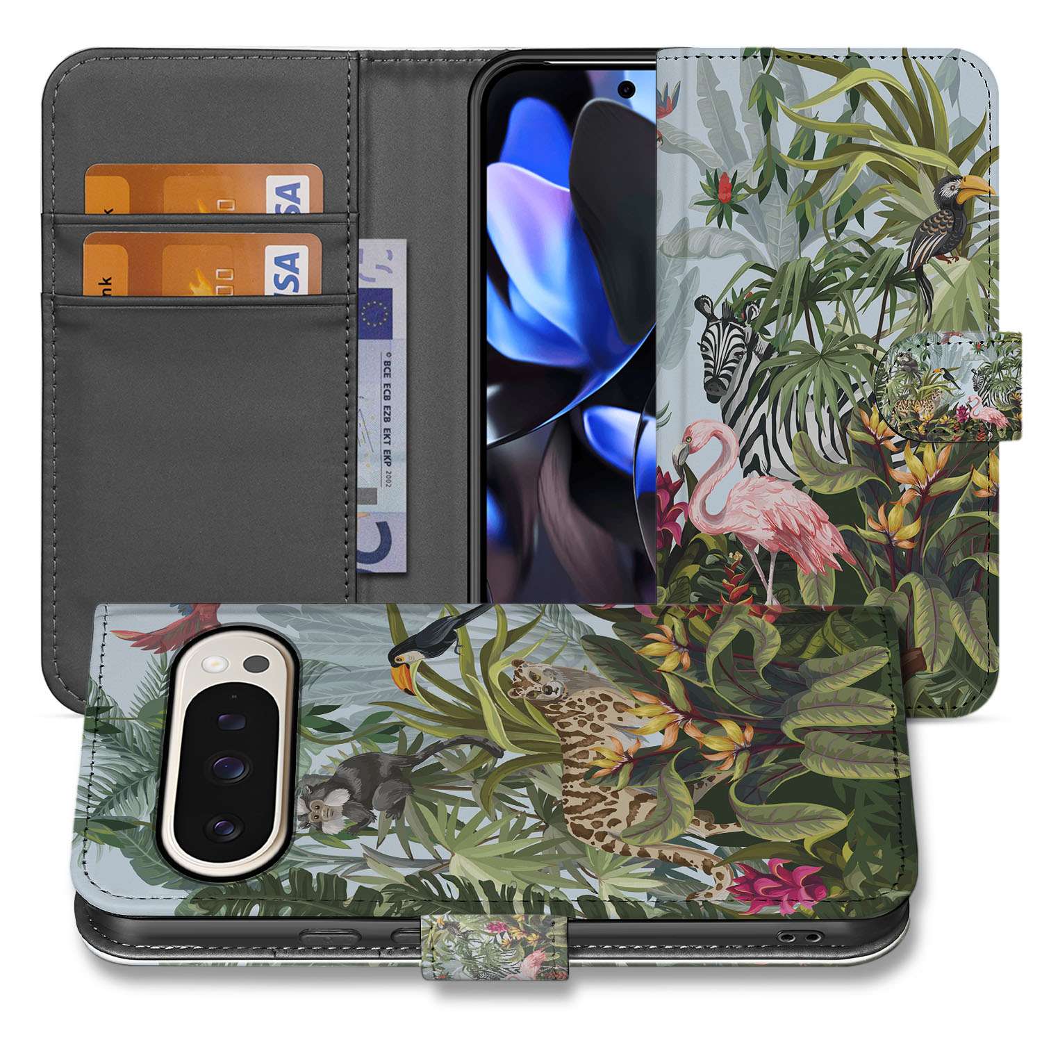 Google Pixel 9 9 Pro Telefoonhoesje met Pasjes Jungle design voorkant en binnenkant