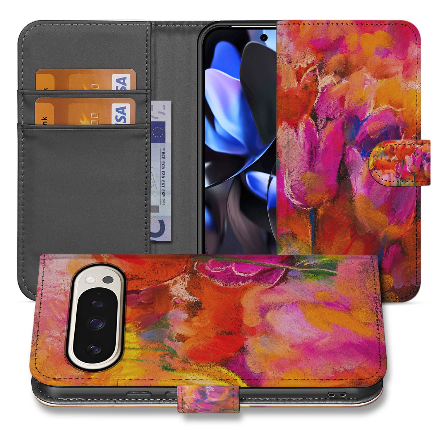 Hoesje Google Pixel 9 | 9 Pro Tulips telefoonhoesje kleurrijk design bloemen voorkant achterkant