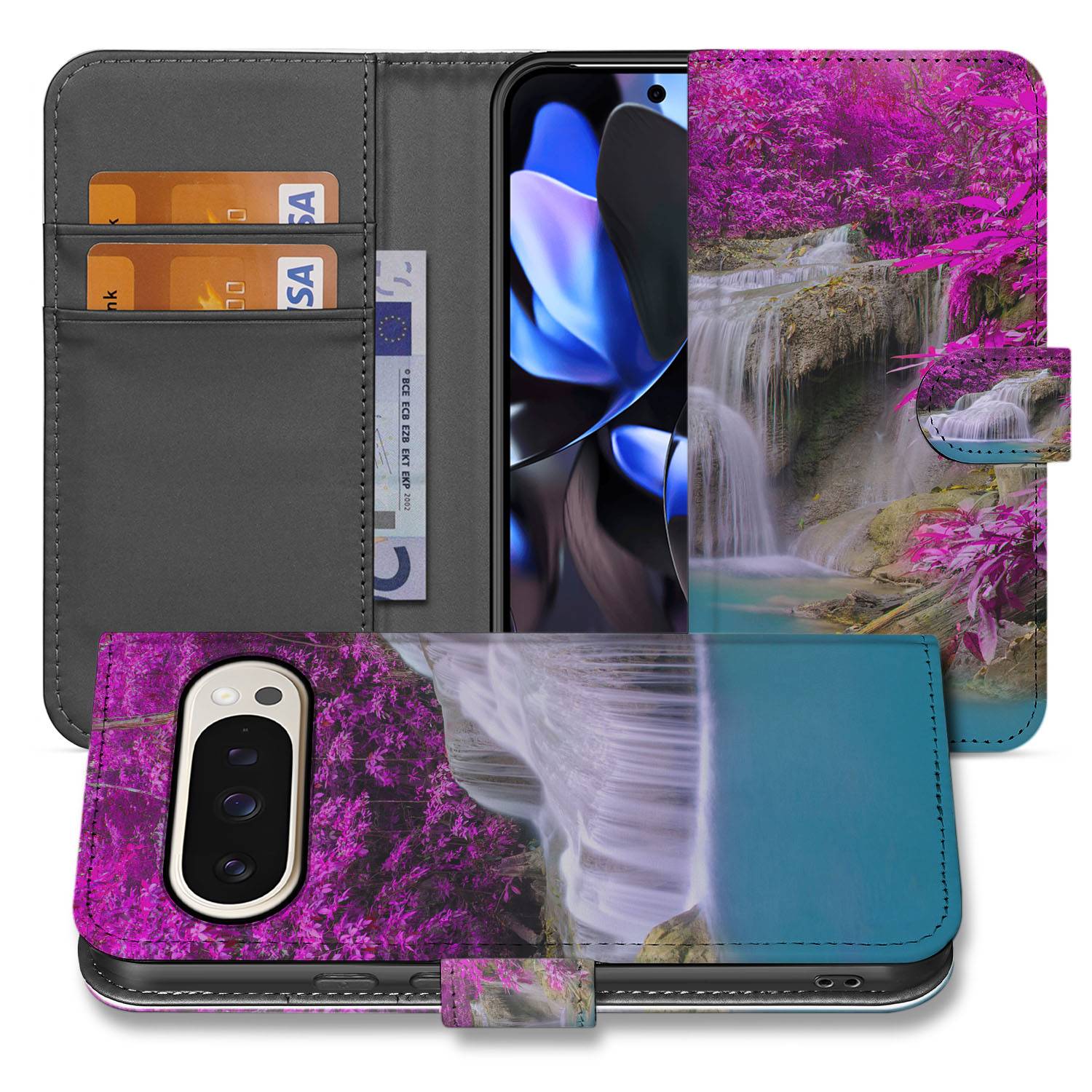 Google Pixel 9 | 9 Pro Flip Cover Waterval design waterval paarse bomen aanzicht