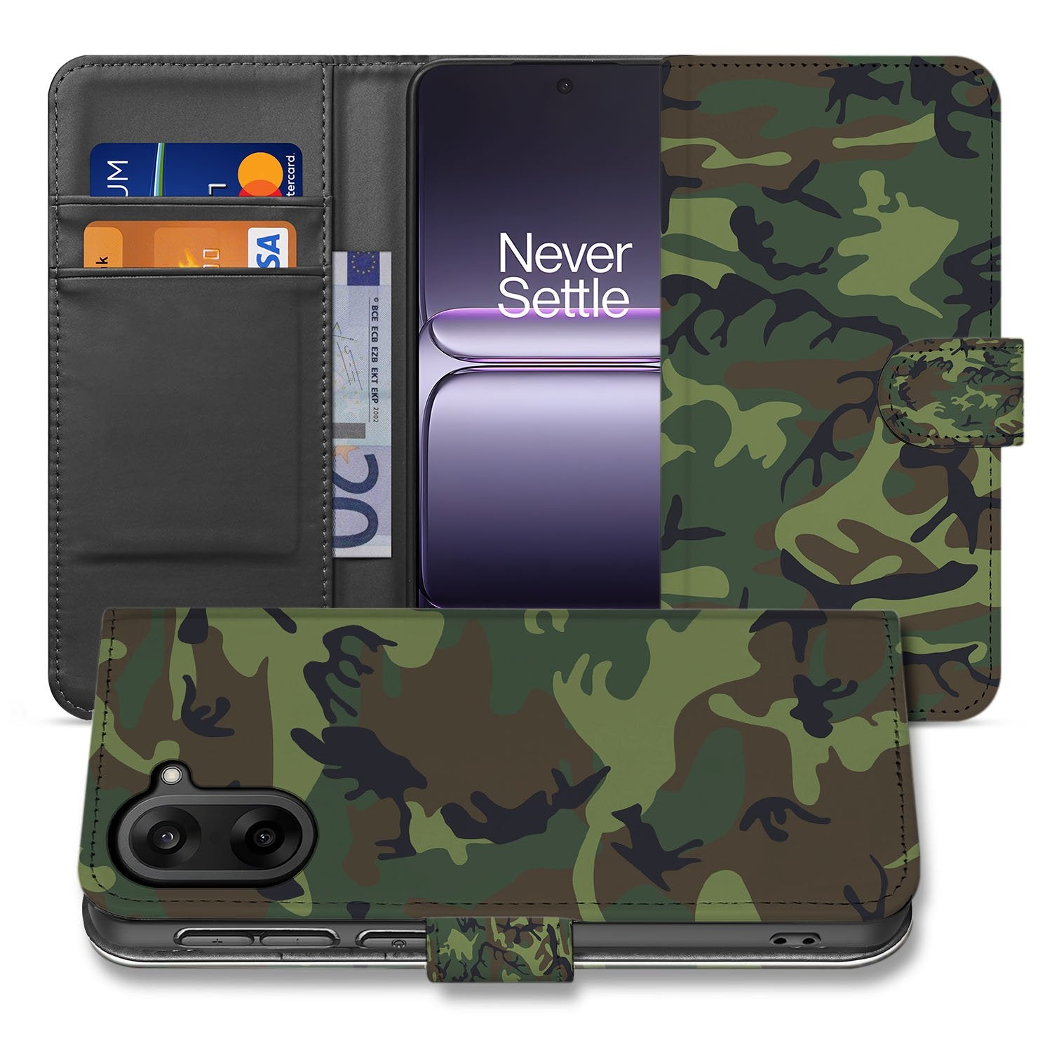 OnePlus Nord CE 5 Bookcase Hoesje met Camouflage Leger Donker Design voorkant zijaanzicht