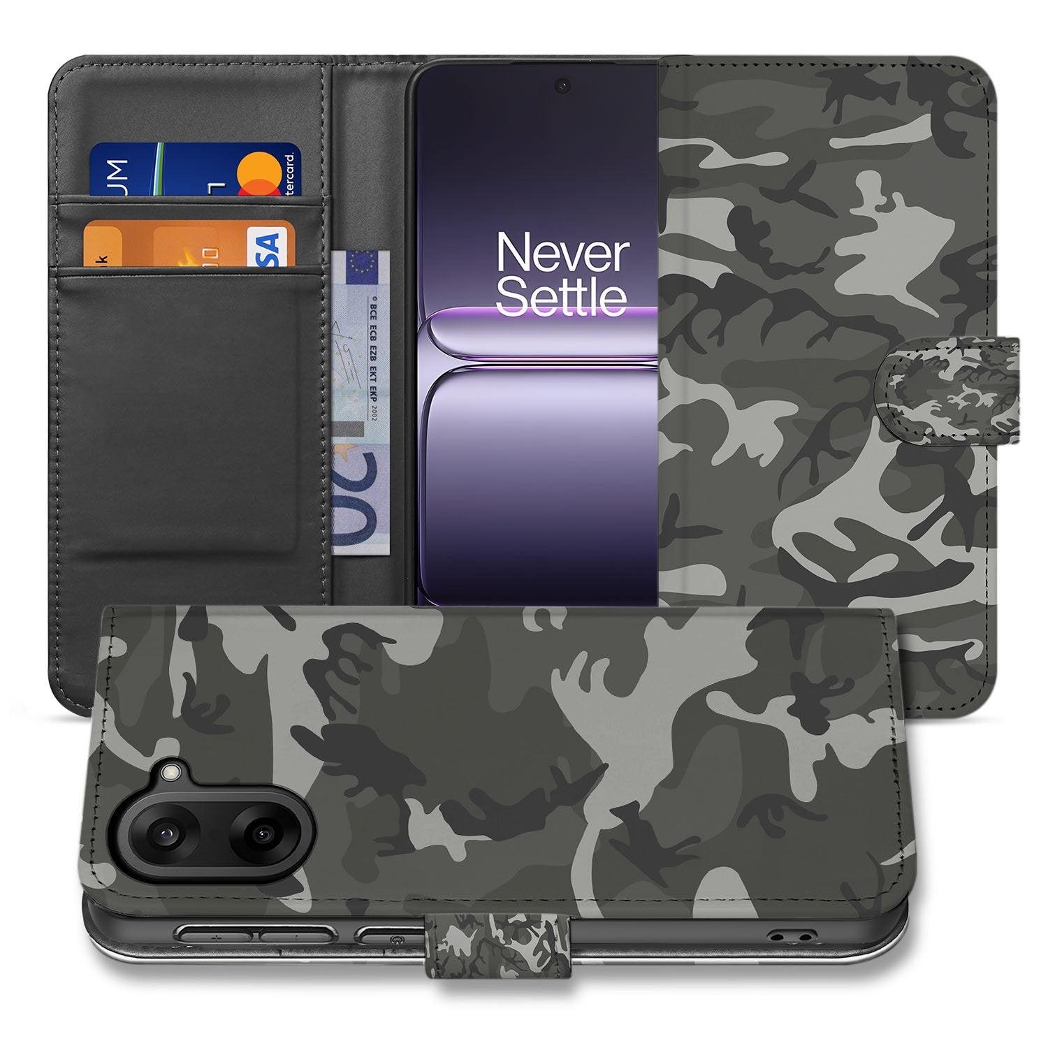 OnePlus Nord CE 5 Bookcase Hoesje met Army Light Camouflage Design voorkant achterkant
