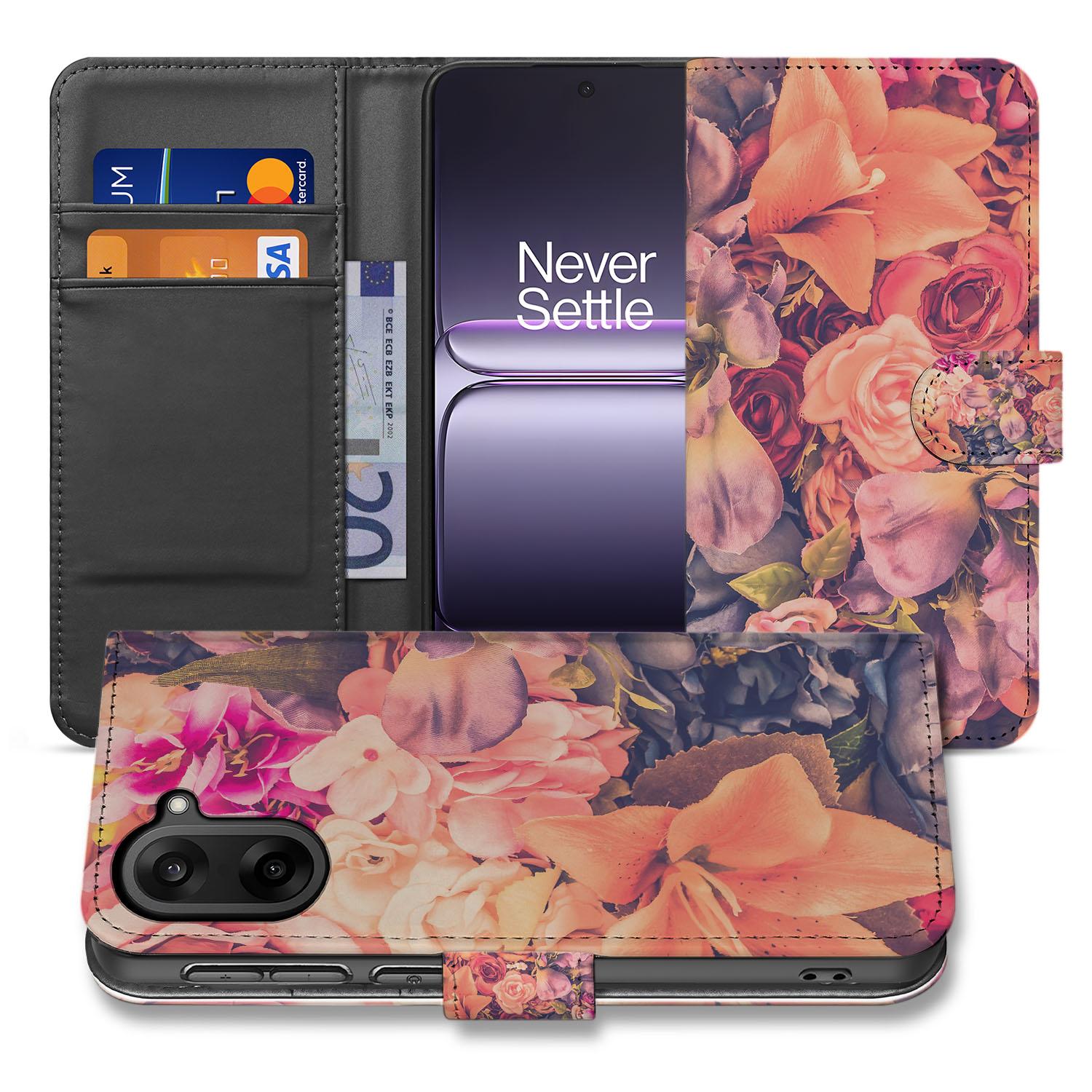 OnePlus Nord CE 5 Stijlvol Bosje Bloemen Roze Oranje Paars Bookcase Hoesje voorkant zijkant