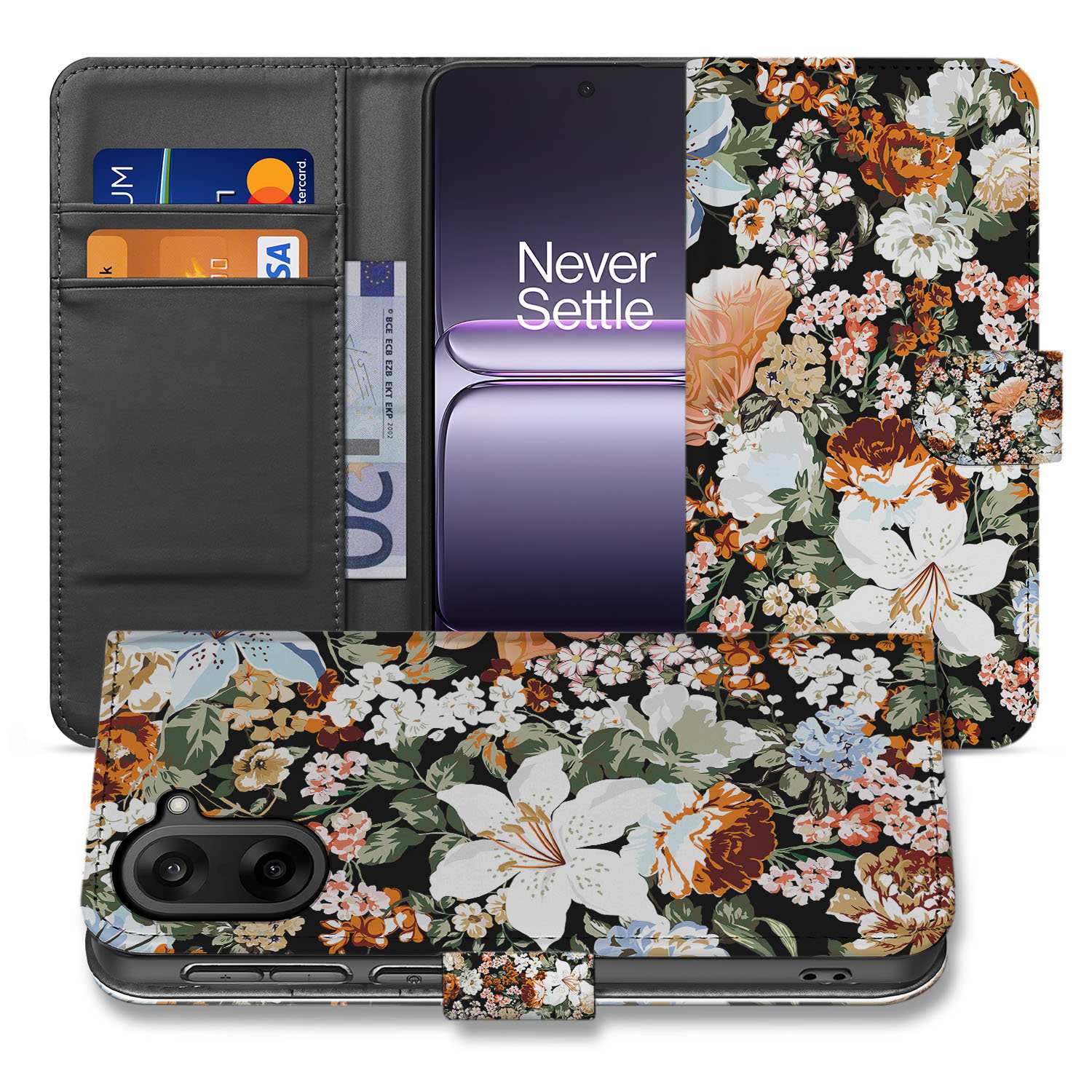OnePlus Nord CE 5 Elegant Dark Flowers Design Bookcase Hoesje achter en voorkant