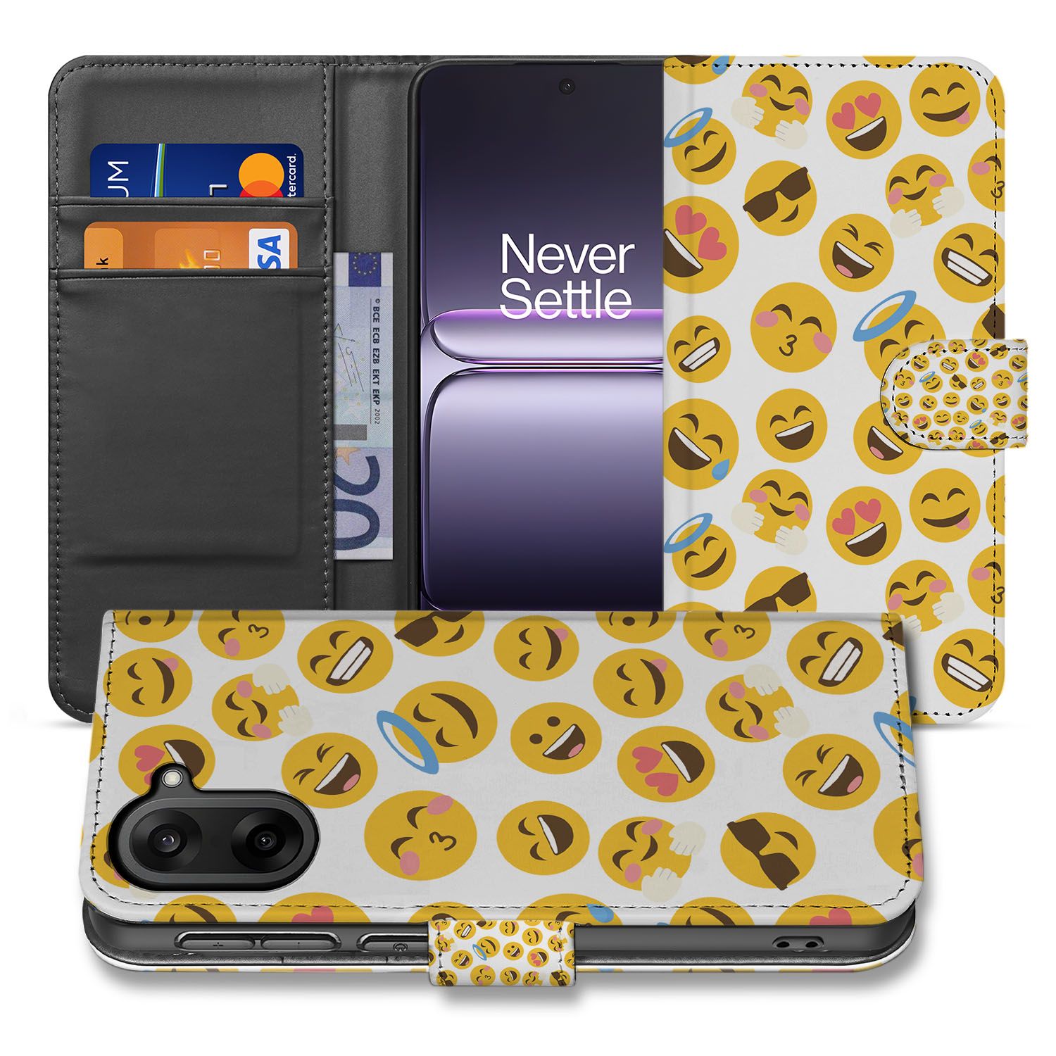 OnePlus Nord CE 5 Meerkleurig Emoji Fiesta Bookcase Hoesje binnenkant design zijaanzicht