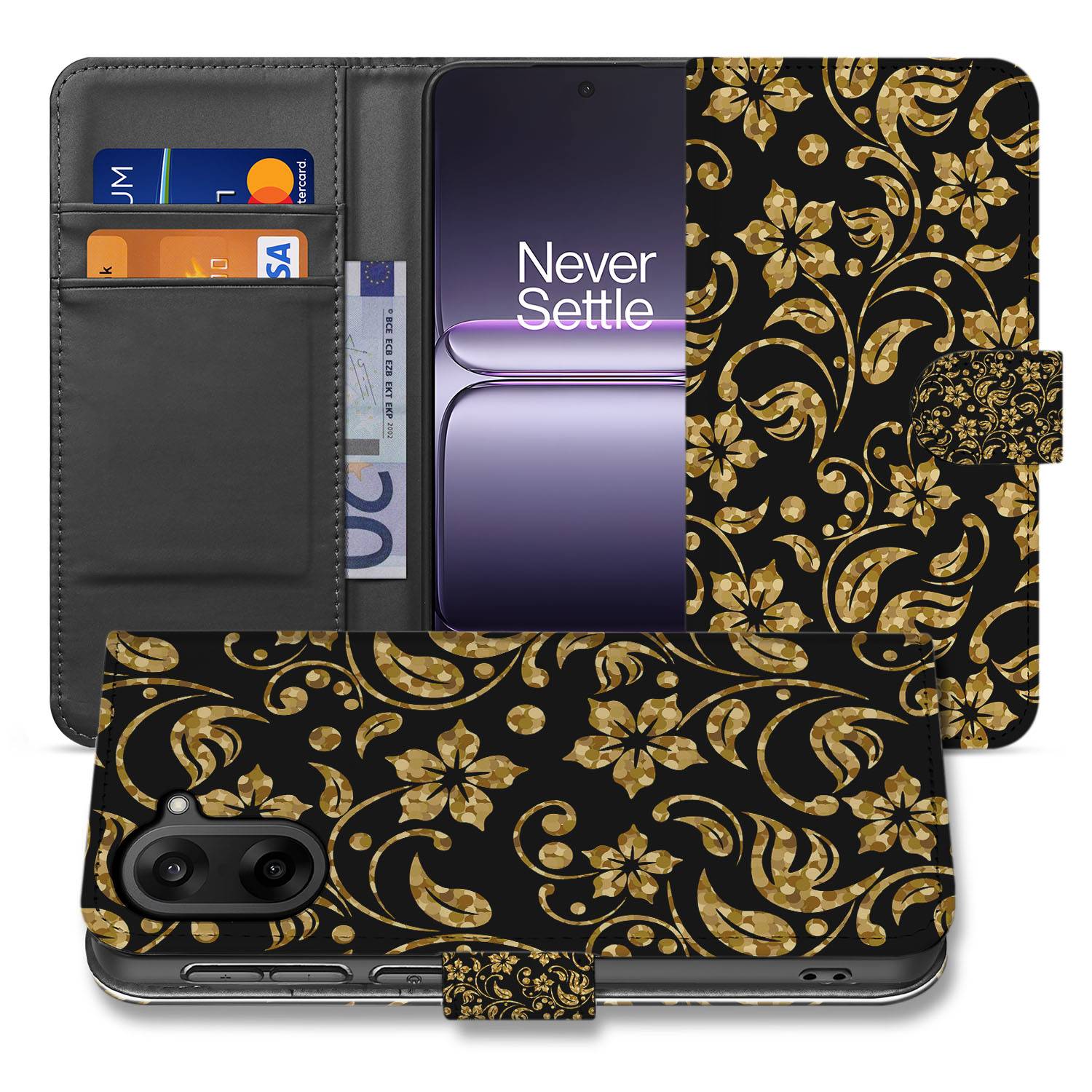 OnePlus Nord CE 5 Elegant Gouden Bloemen Bookcase Hoesje met Pasjesvak vooraanzicht