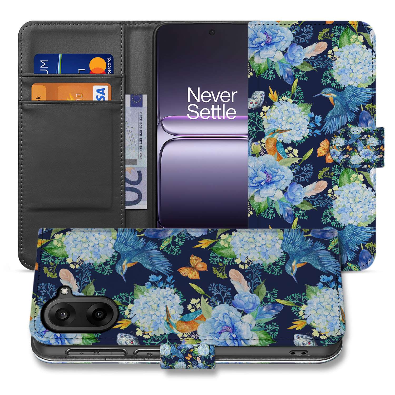 OnePlus Nord CE 5 Ijsvogel en Bloemen Design Bookcase Hoesje voorkant en binnenkant