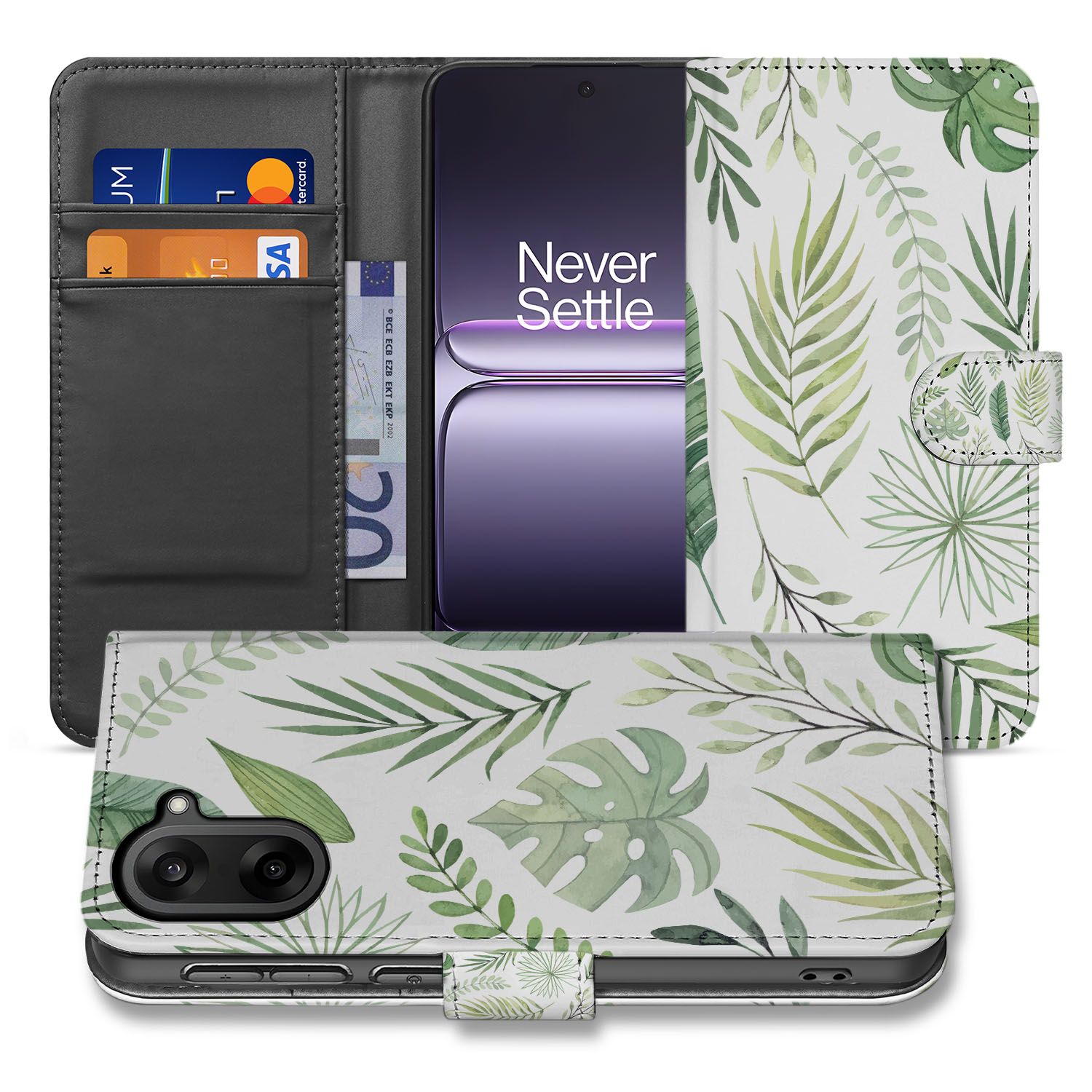 OnePlus Nord CE 5 Bladeren Lichtgroen Wit Met 3 Pasjes Hoesje Voor OnePlus Nord CE 5 Bookcase Hoesje aanzicht