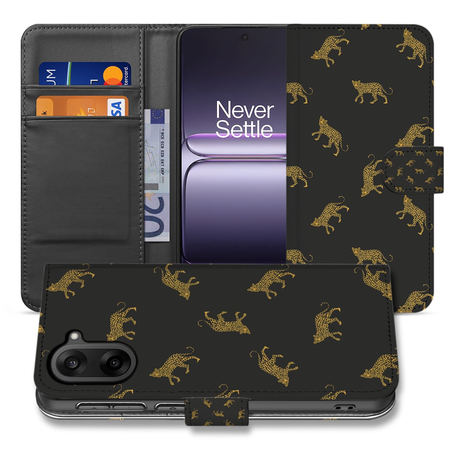 Leopard Luxe Hoesje Voor OnePlus Nord CE 5 Bookcase Hoesje luipaardprint zwart goud front achter